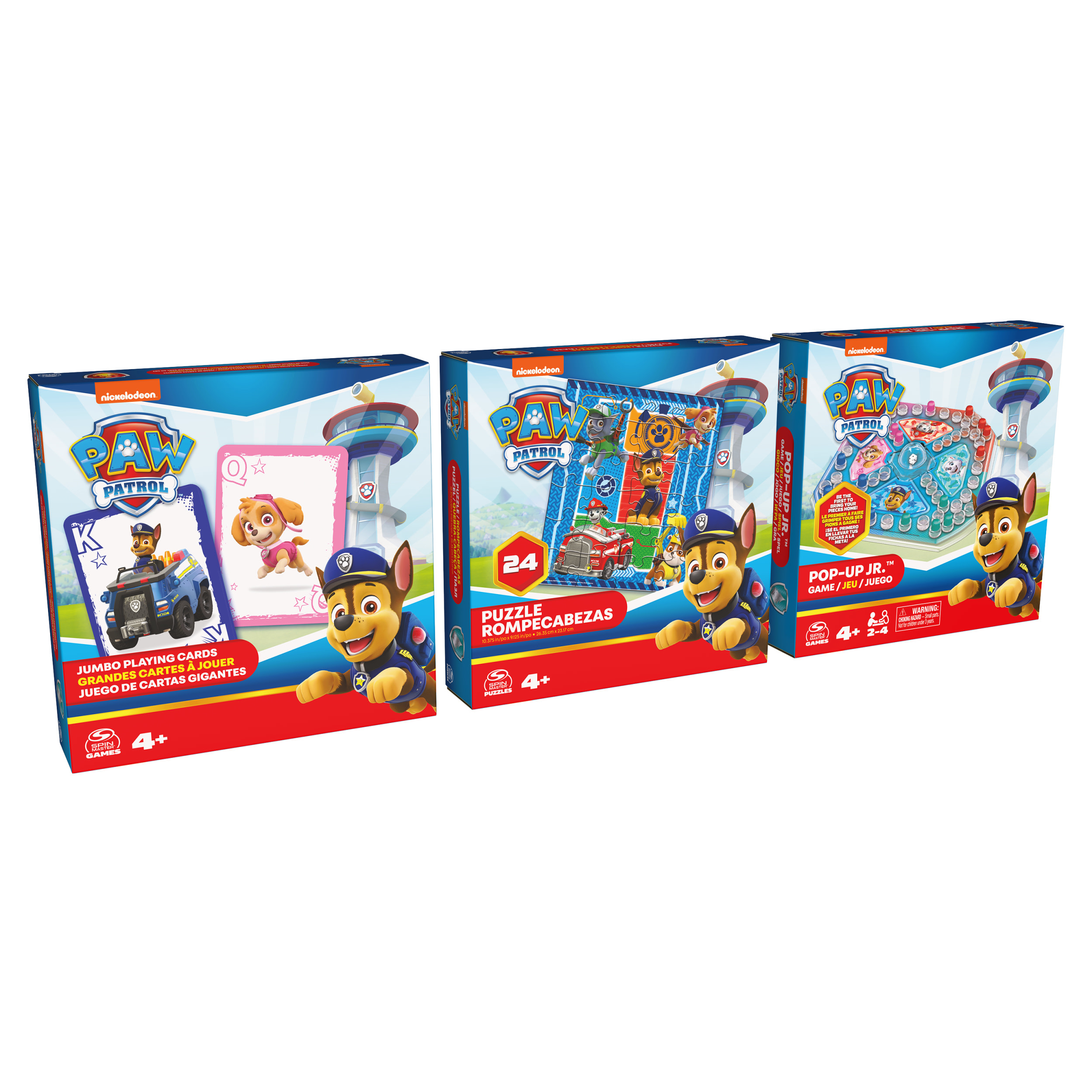 Drie Paw Patrol-dozen: kaartspel, puzzel en pop-up spel. Elke doos heeft Chase en Skye.