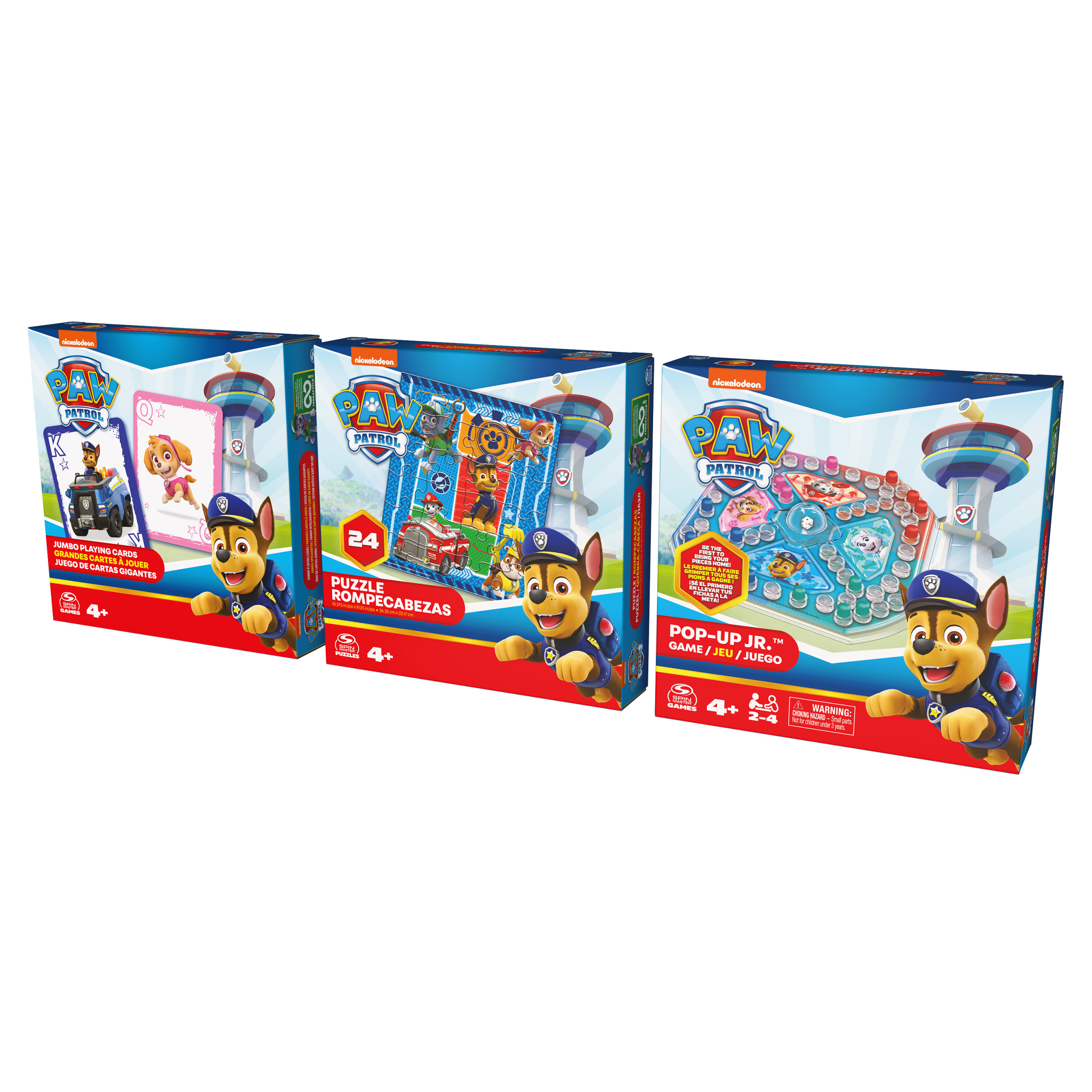 Drie Paw Patrol puzzel- en speldozen met een cartoonhondenkarakter.