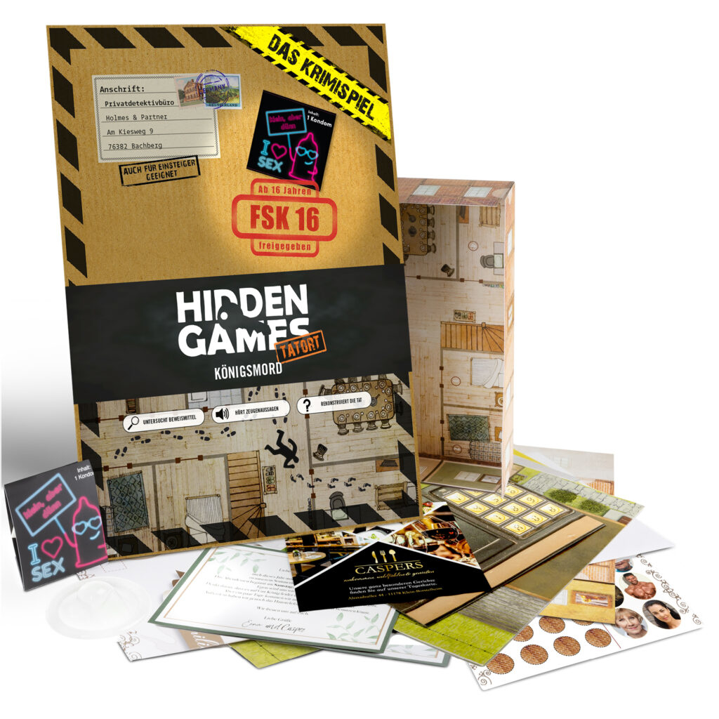 Pudełko gry planszowej z tekstem i ilustracjami sceny detektywistycznej, akcesoriami i oceną FSK 16.