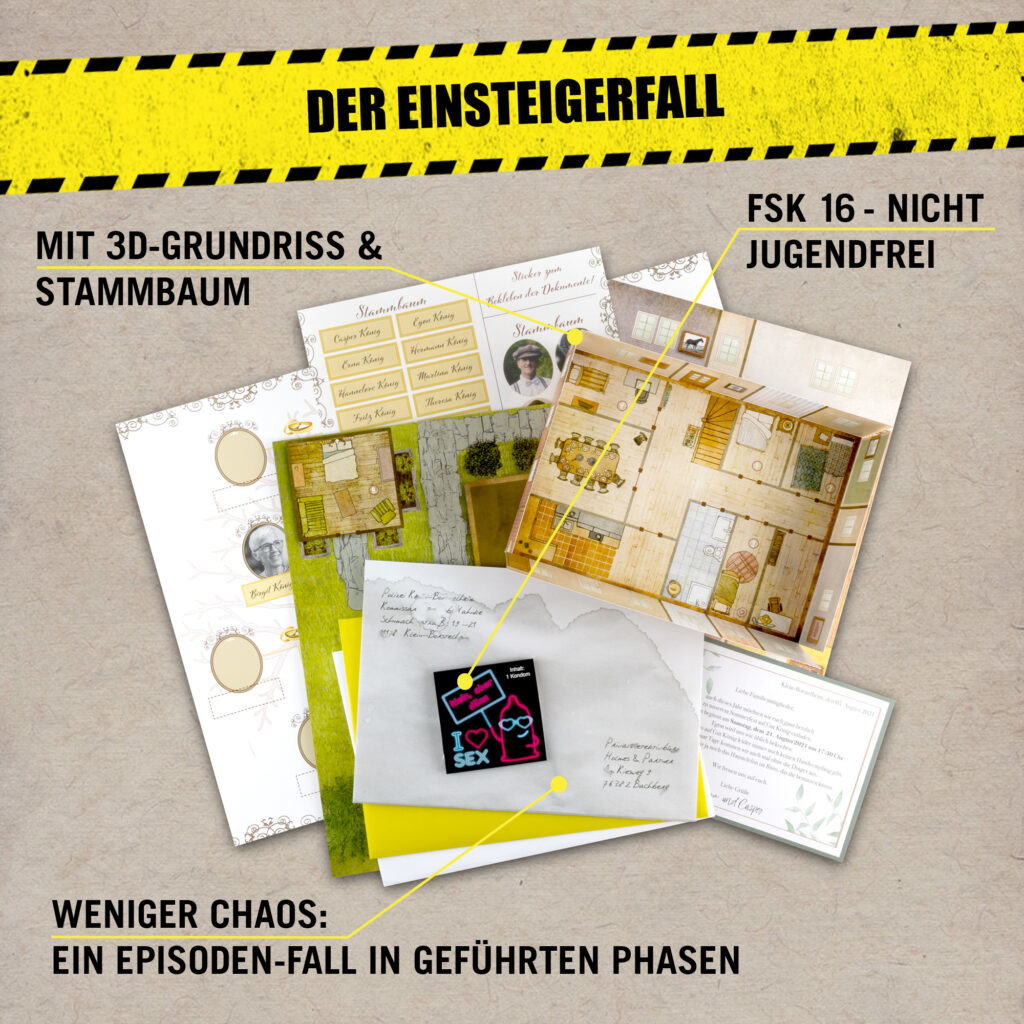 Pudełko gry z ilustracjami dokumentów, drzewem genealogicznym i planem 3D, z FSK 16 i tekstem 'Einstegerfall'.