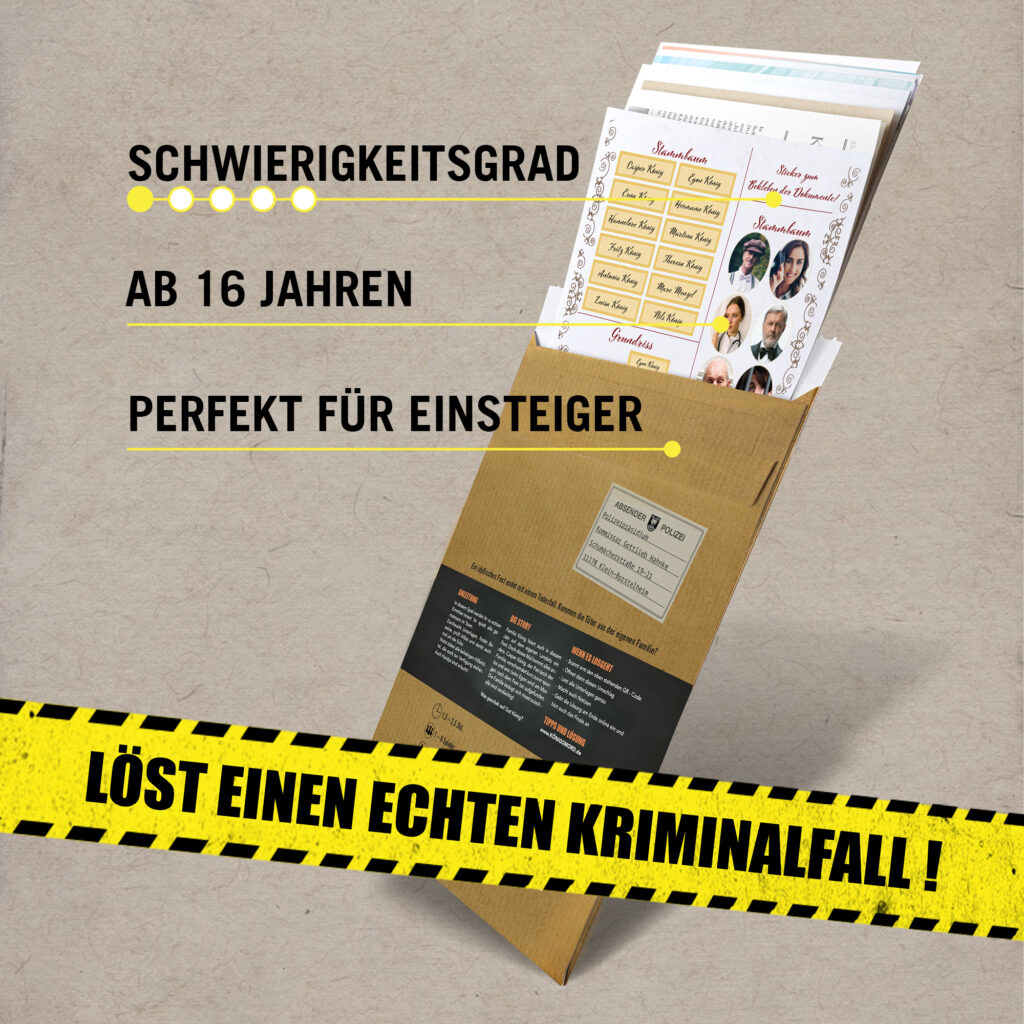 Puzzle z motywem miejsca zbrodni, brązowa koperta z tekstem i żółta taśma.