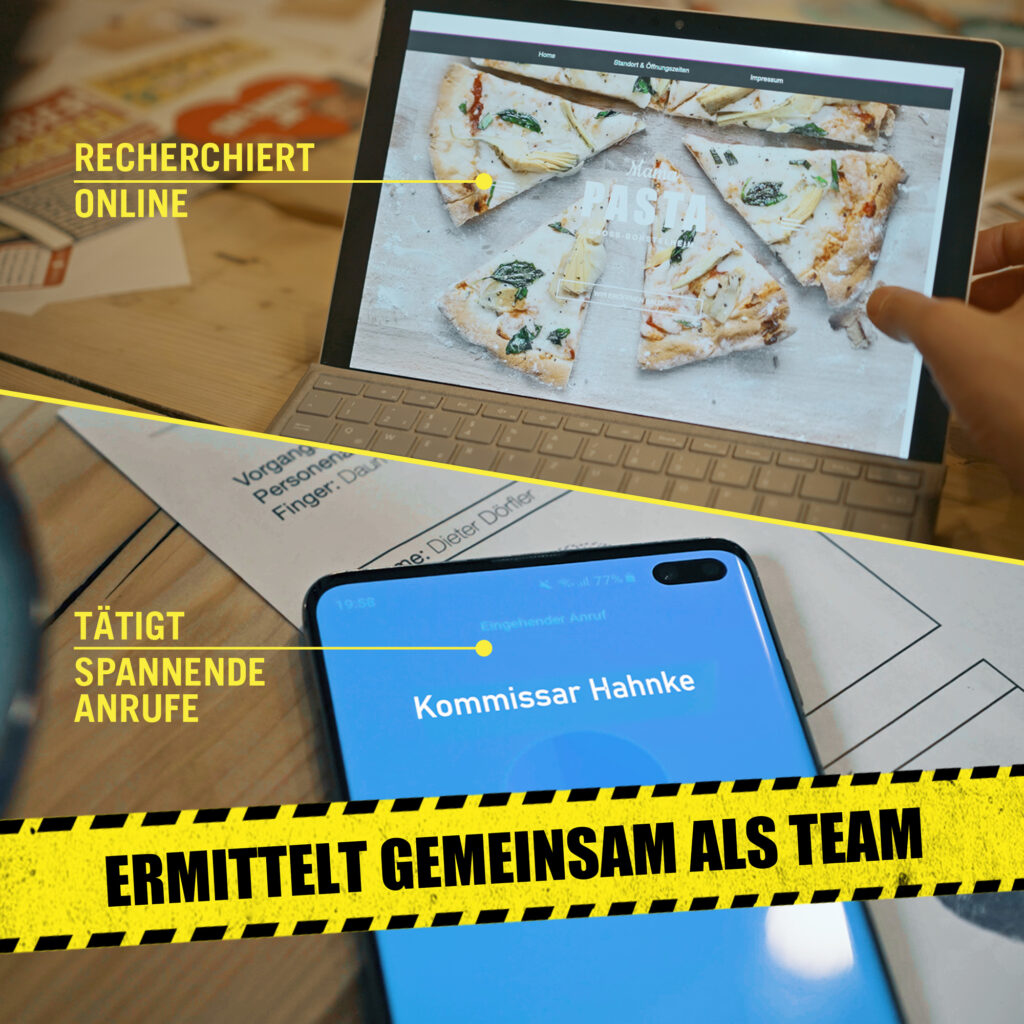 Obraz podzielony. Góra: pizza na laptopie. Dół: połączenie telefoniczne. Tekst: Dochodzą jako zespół.