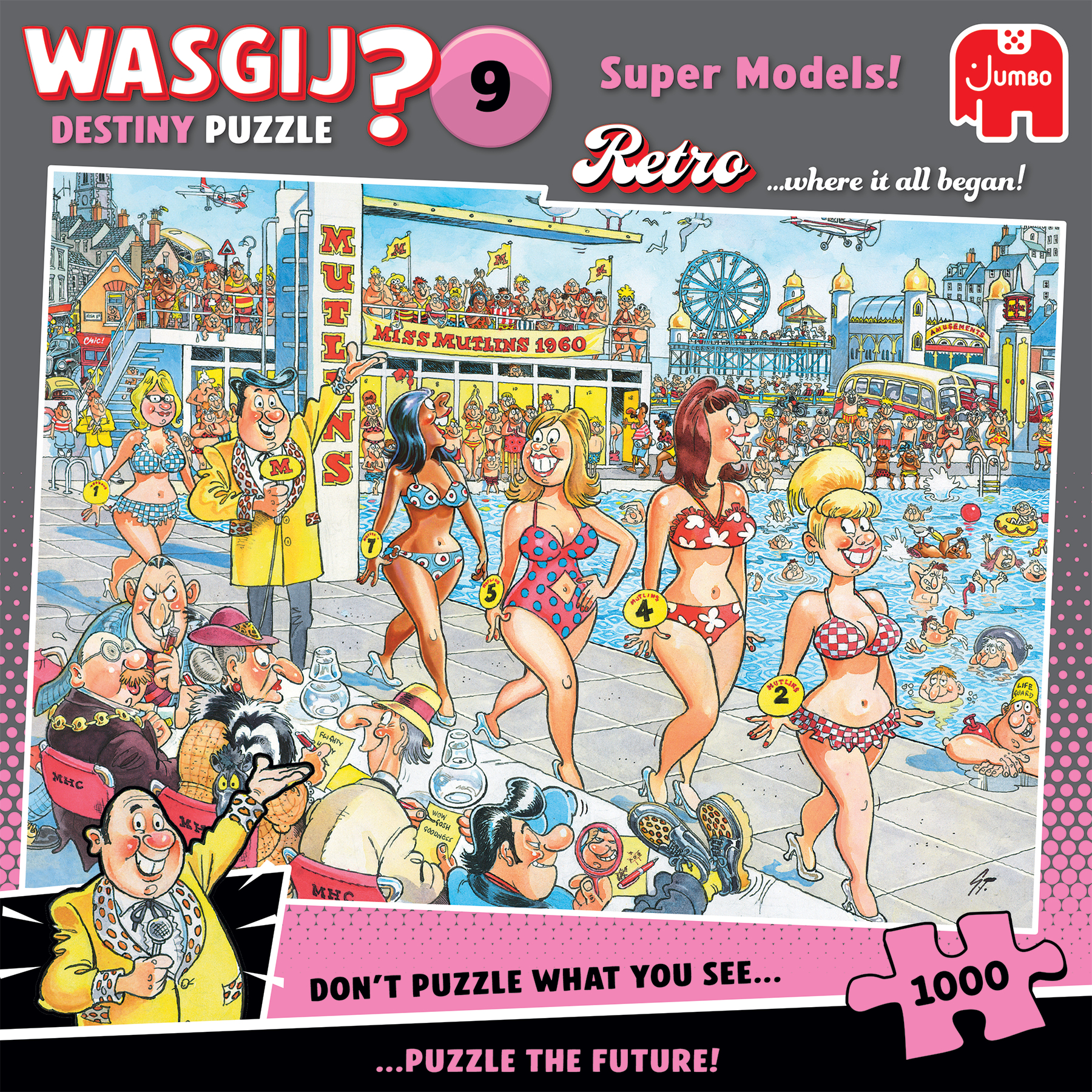 Una caja de rompecabezas. Tiene una caricatura de varias mujeres en bikinis caminando por un muelle.