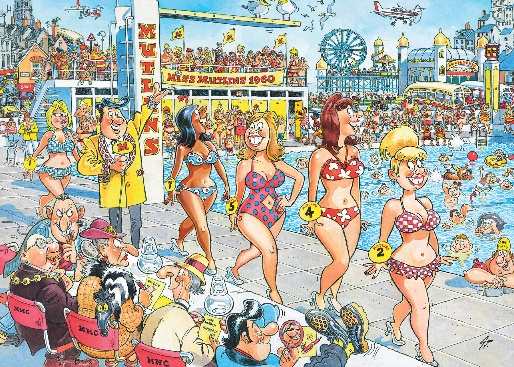 Una imagen de dibujos animados colorida de un concurso de belleza en la playa, con jueces y concursantes.