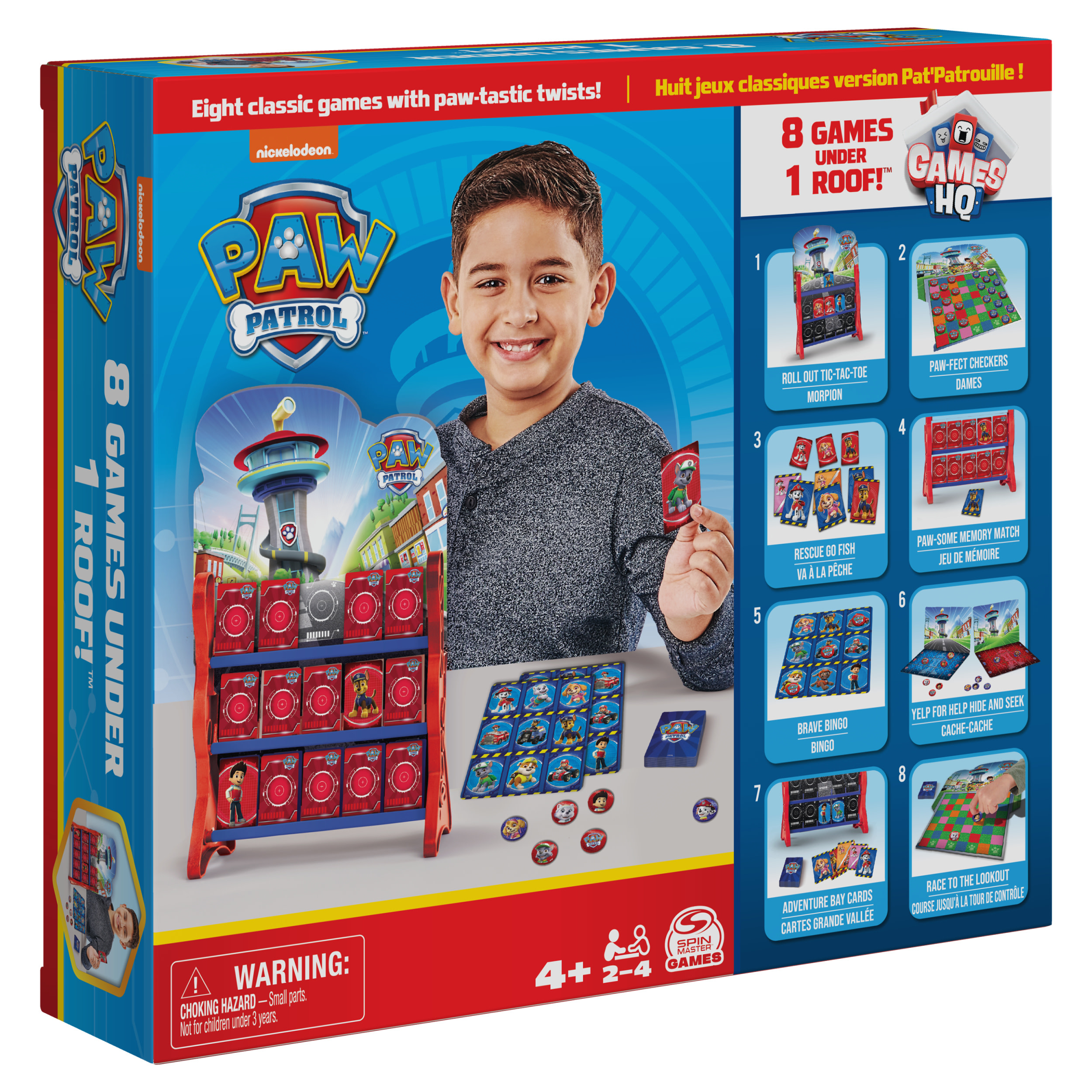 Spielbox mit einem Jungen, der eine Karte hält, und dem Paw Patrol-Spielset.