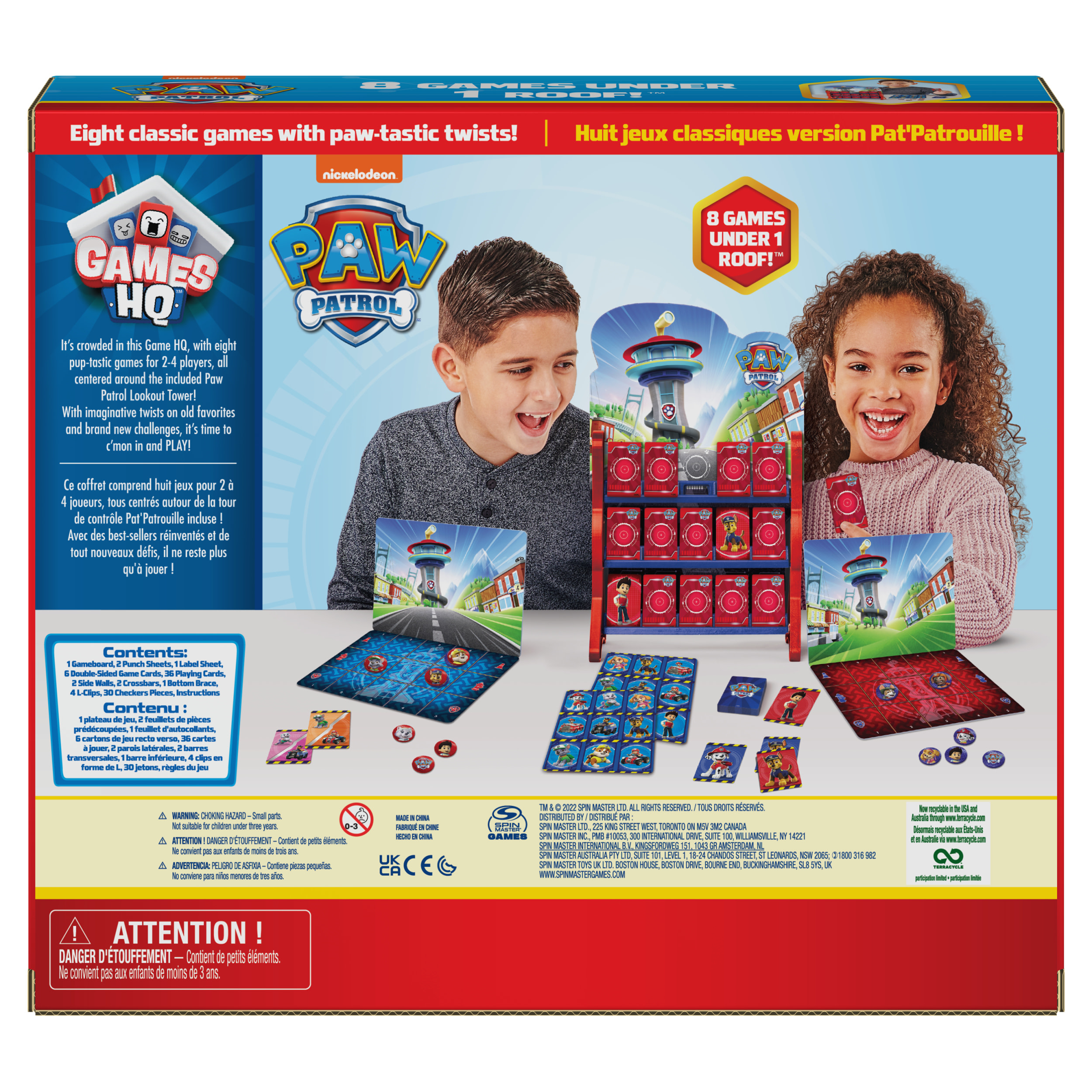 Spielbox mit Paw Patrol-Charakteren und Spielteilen, mit zwei Kindern.