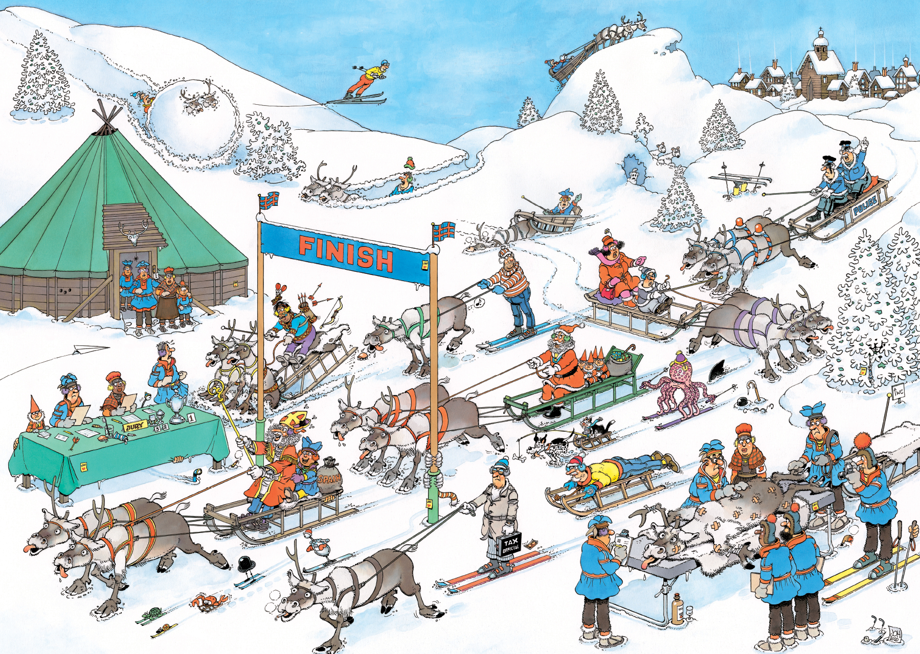 Cartoon winter scene with reindeer sleds racing towards a finish line, many figures present.