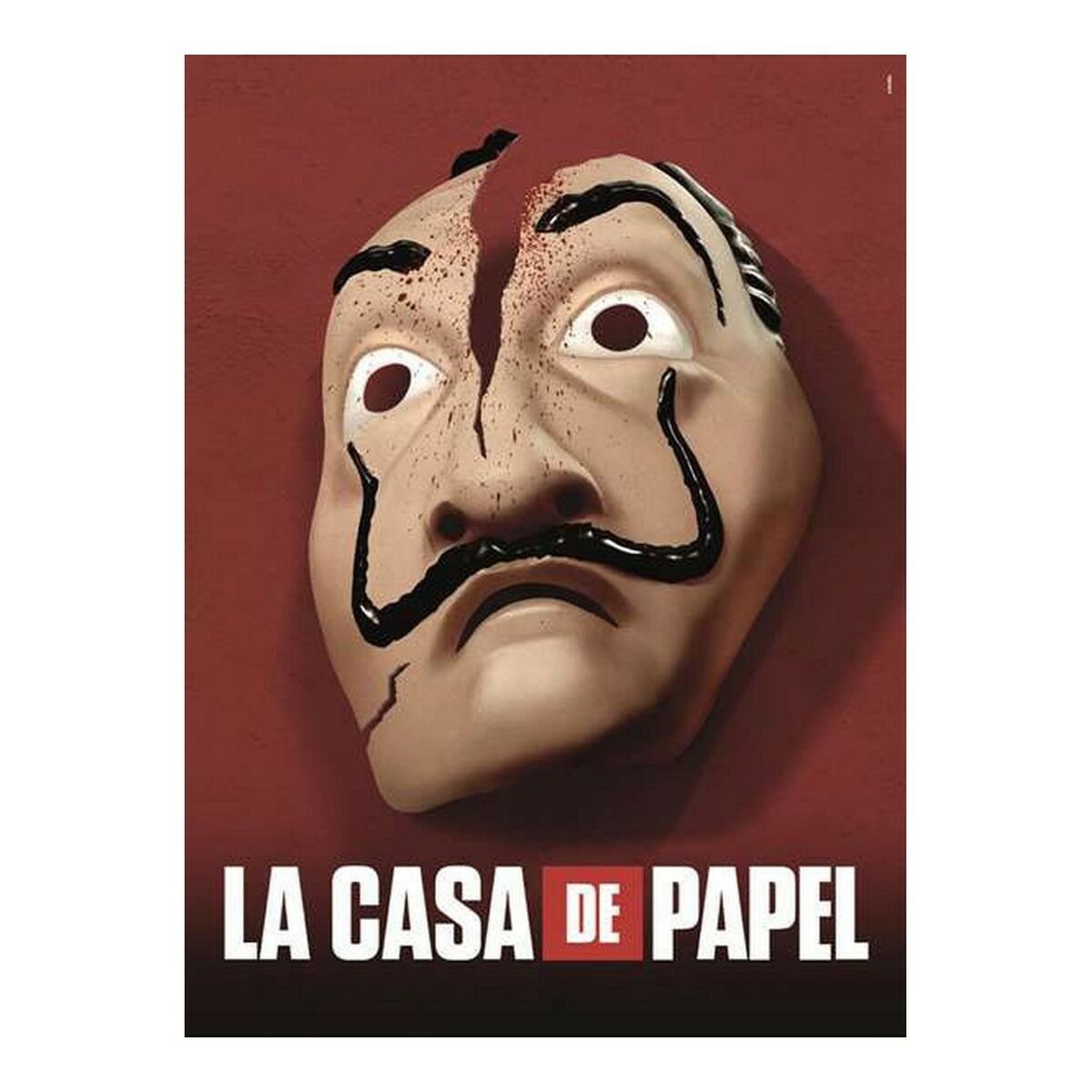 Un masque de théâtre avec un front fissuré. Le masque est blanc avec une moustache et des sourcils noirs.