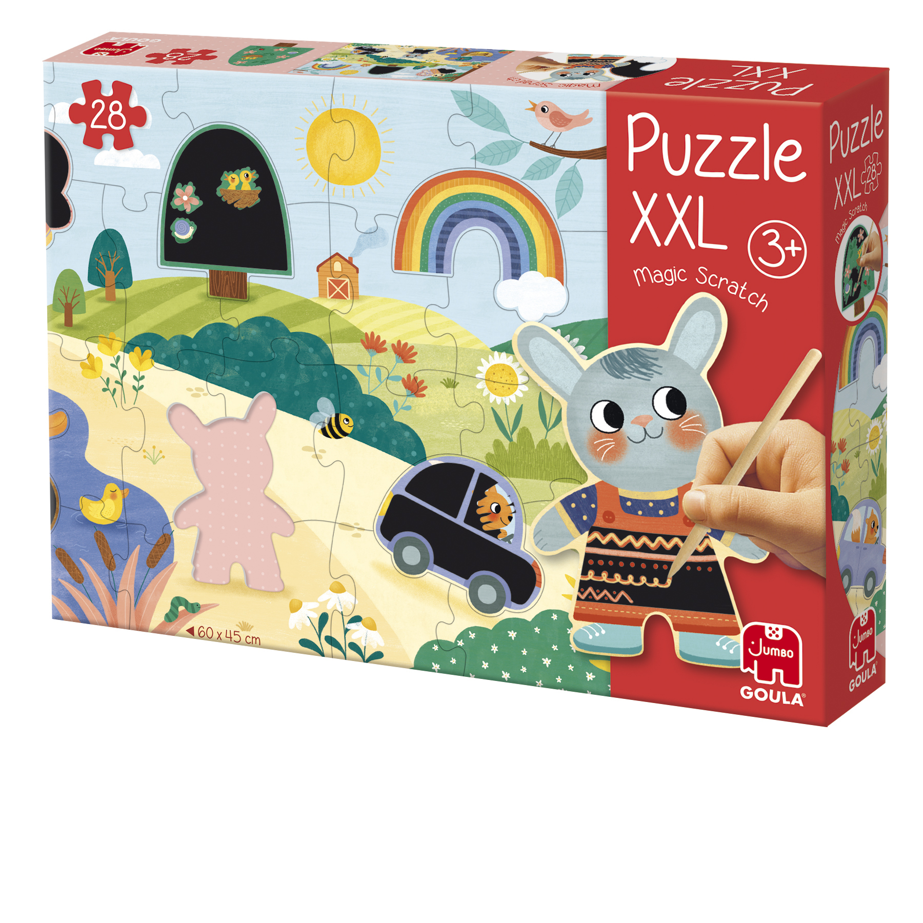 Een puzzeldoos met een cartoonscène: een konijn tekent op een bord met een auto, zon en regenboog.