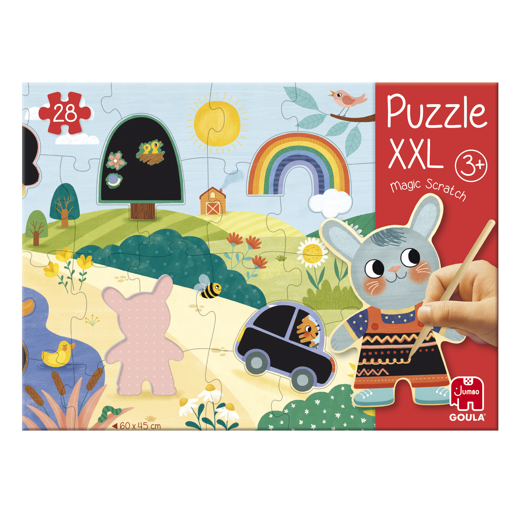 Een puzzel met een konijn thema. De puzzel heeft een eend, een auto en een konijn met een penseel.
