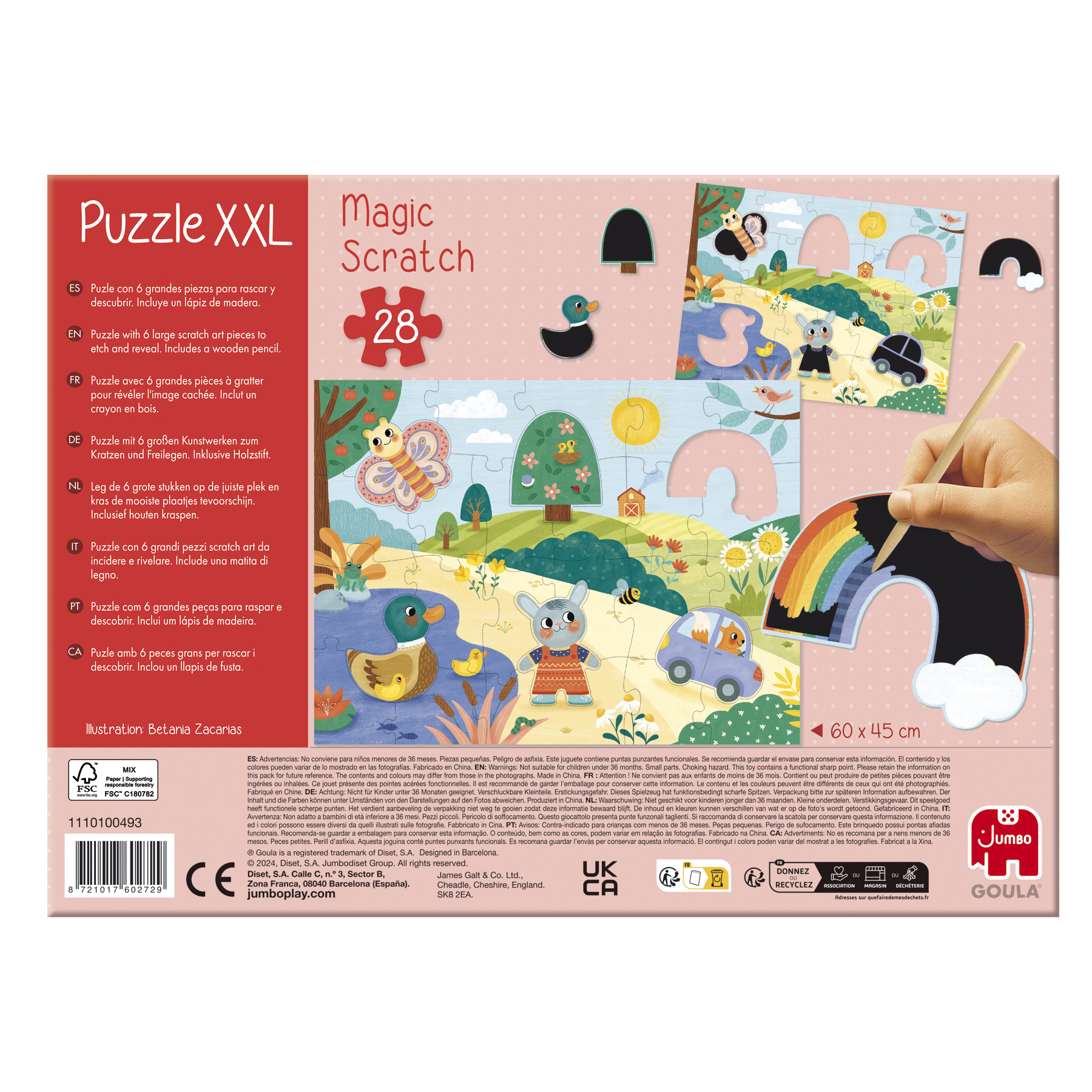Een puzzel met een konijn thema. De puzzel heeft een eend, auto, bloemen en een regenboog.