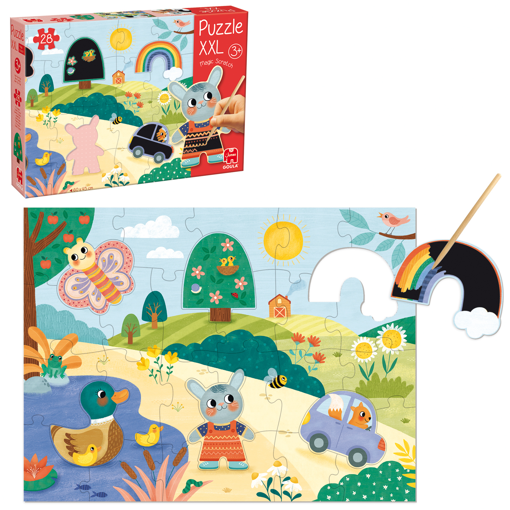 Een puzzeldoos met een konijn thema. De puzzel ligt op een tafel met een krijtje en wat puzzelstukjes.