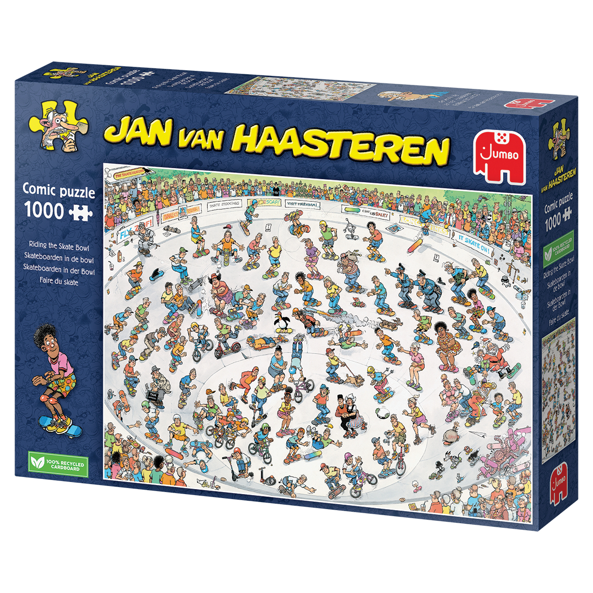 Een puzzeldoos toont een cartoonscène van veel mensen die skateboarden in een skate bowl.