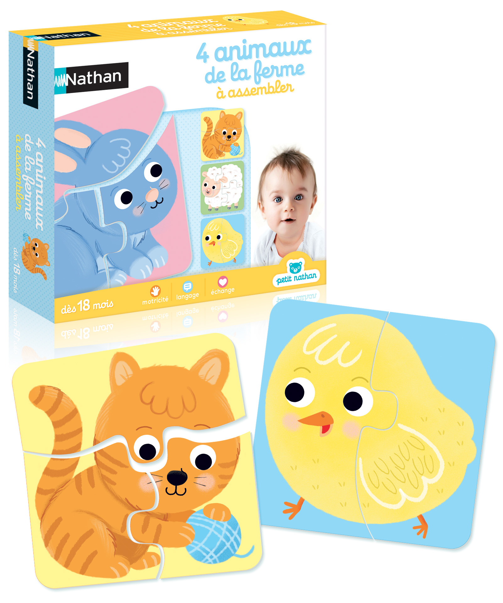 Pudełko z dzieckiem i puzzlami ze zwierzętami gospodarskimi. Puzzle z kotem i kurczakiem na stole.