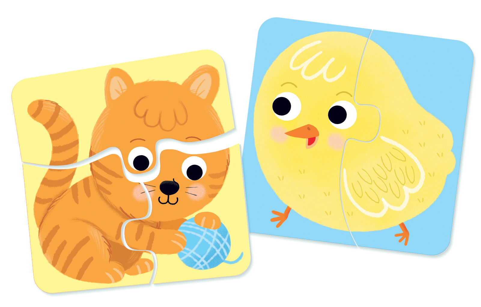 Elementy układanki kota z kłębkiem wełny i pisklęciem. Tło jest białe.