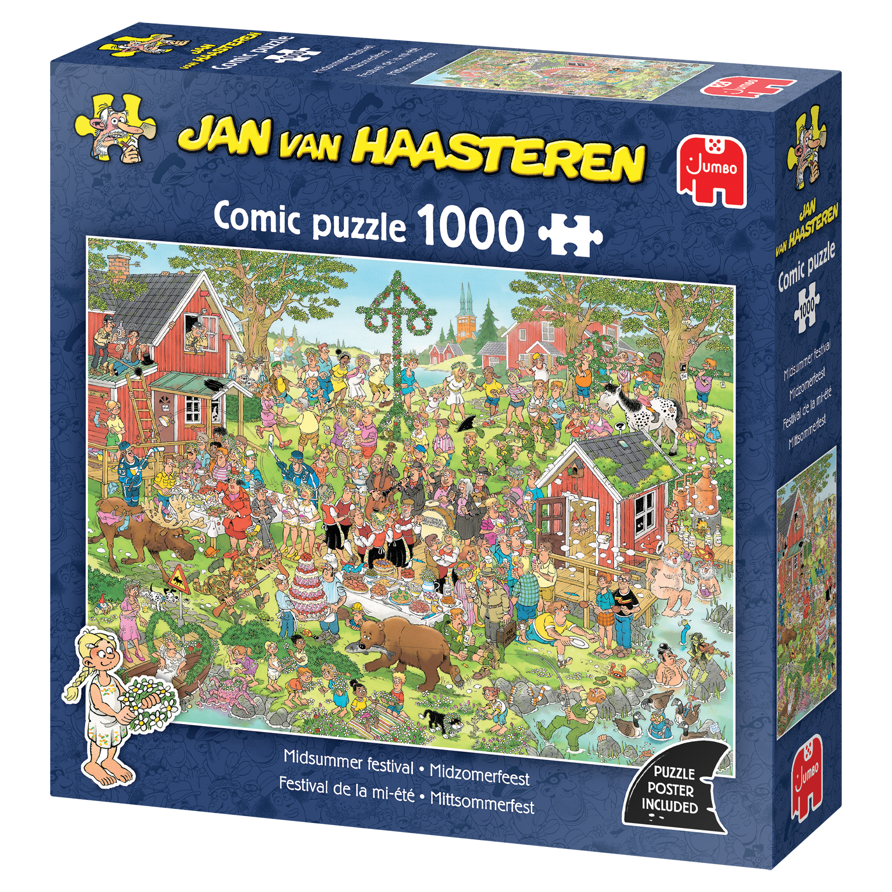 A colorful puzzle box with a crowd of people celebrating a midsummer festival. Red houses are in the background.