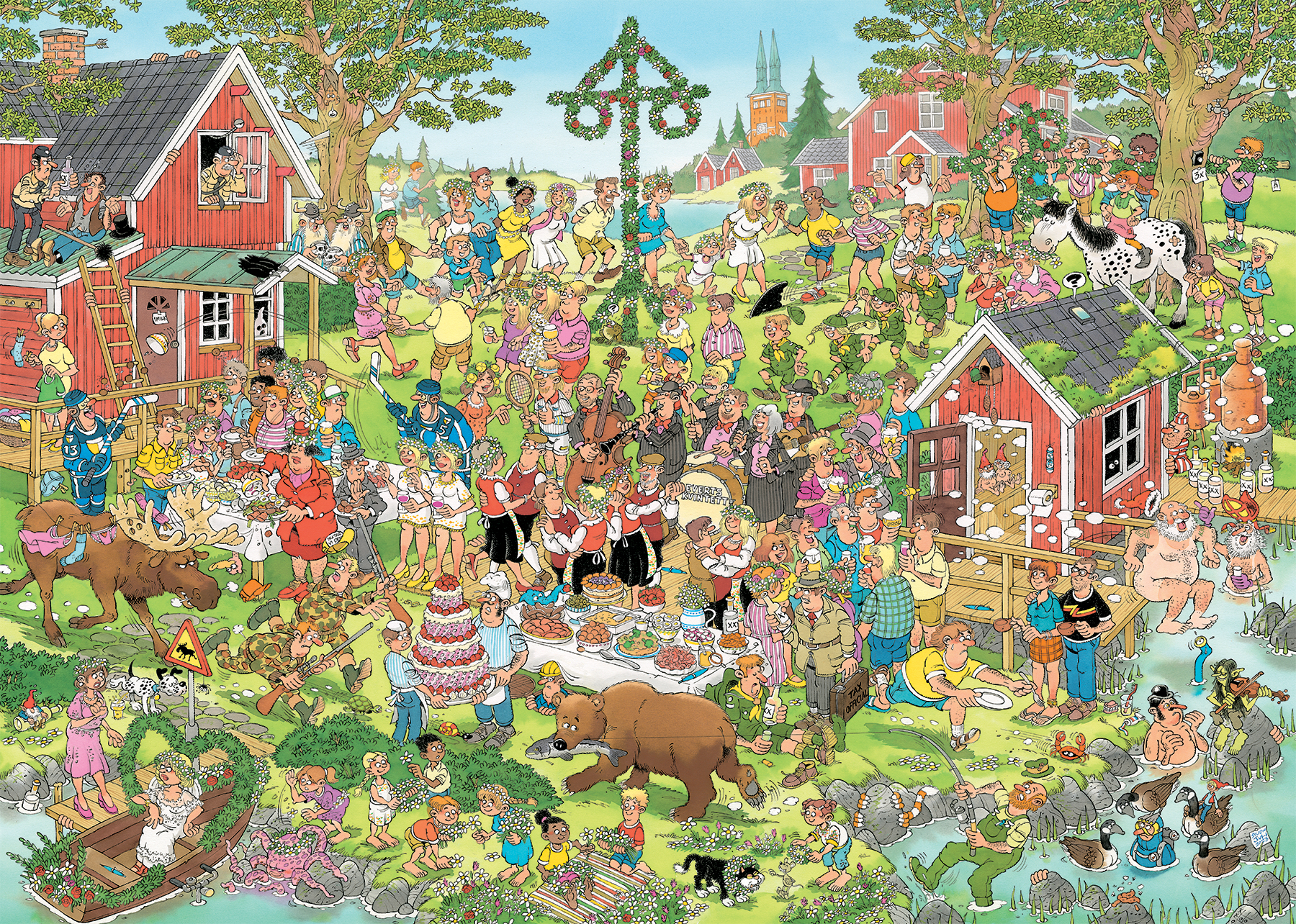 A colorful puzzle box with a crowd of people celebrating a midsummer festival. Red houses are in the background.