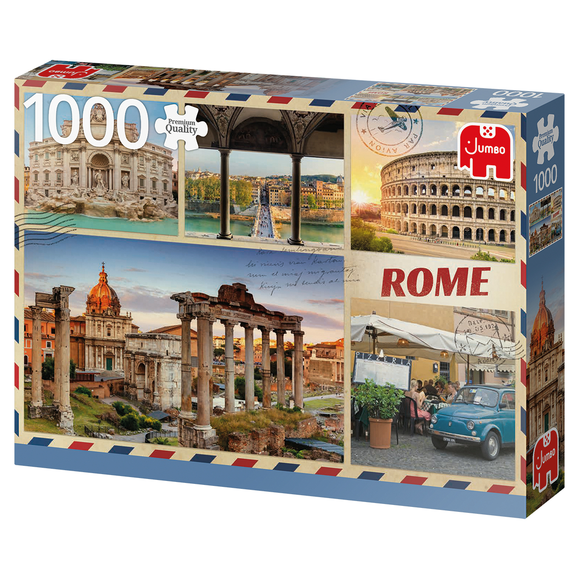 Una caja de rompecabezas con imágenes de Roma. Las imágenes incluyen la Fontana de Trevi, el Coliseo y el Foro Romano.