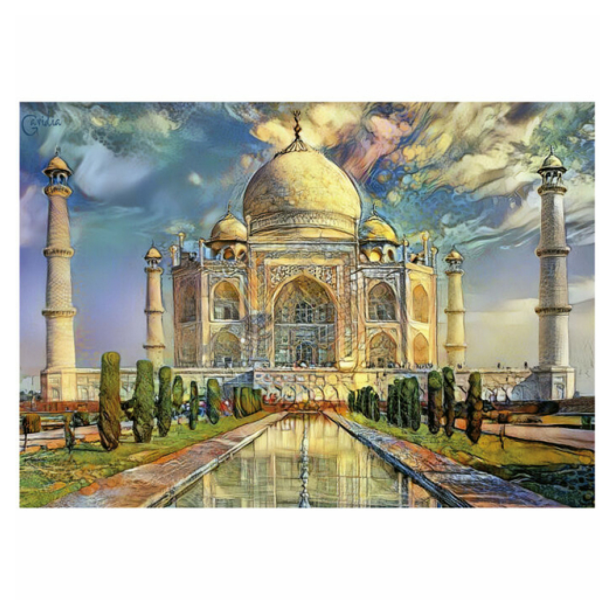 Kolorowe dzieło sztuki przedstawiające Taj Mahal, z odbiciem w wodzie i pochmurnym, kolorowym niebem.