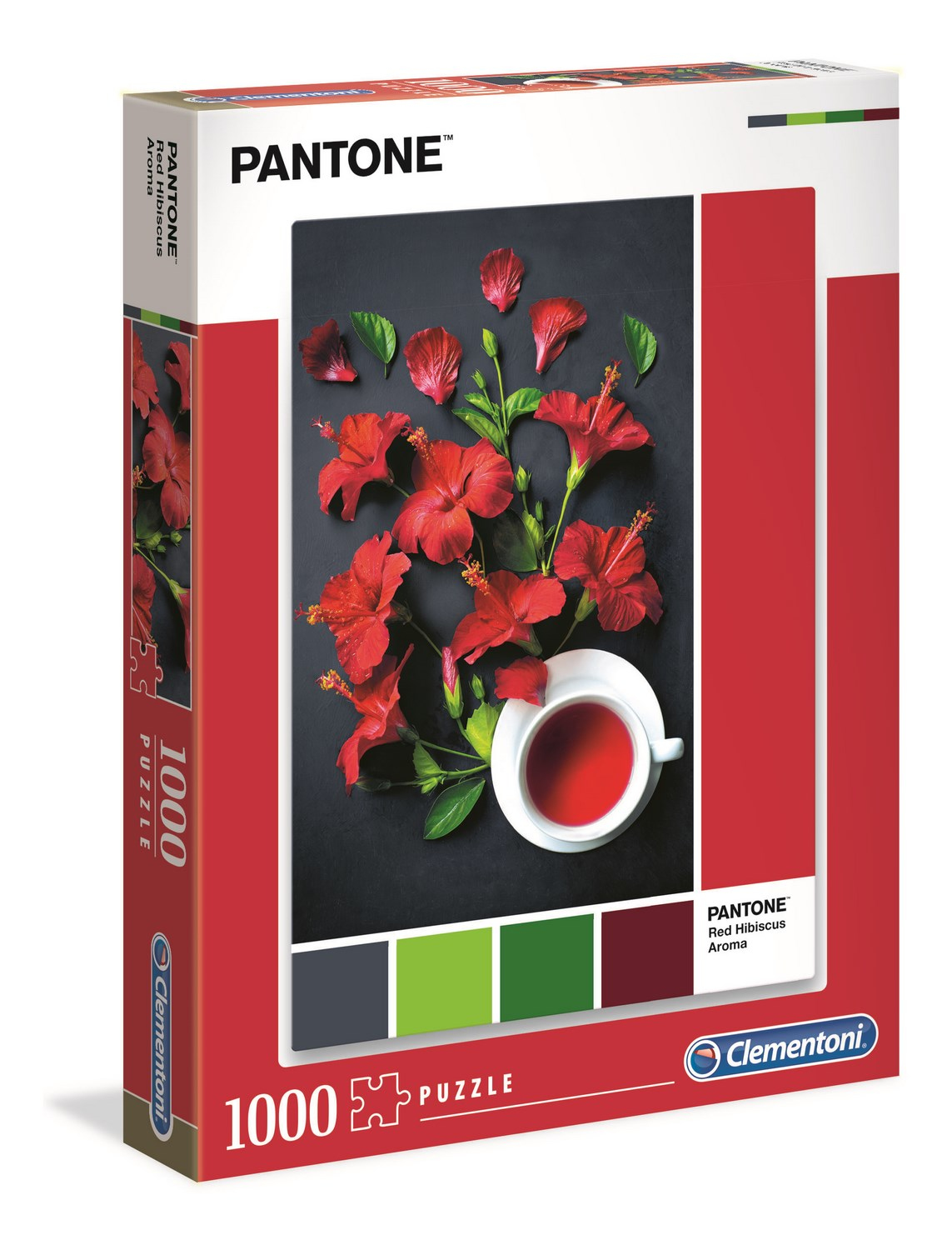 Pudełko z puzzlami Pantone z czerwonymi kwiatami hibiskusa, filiżanką i ciemnym tłem.