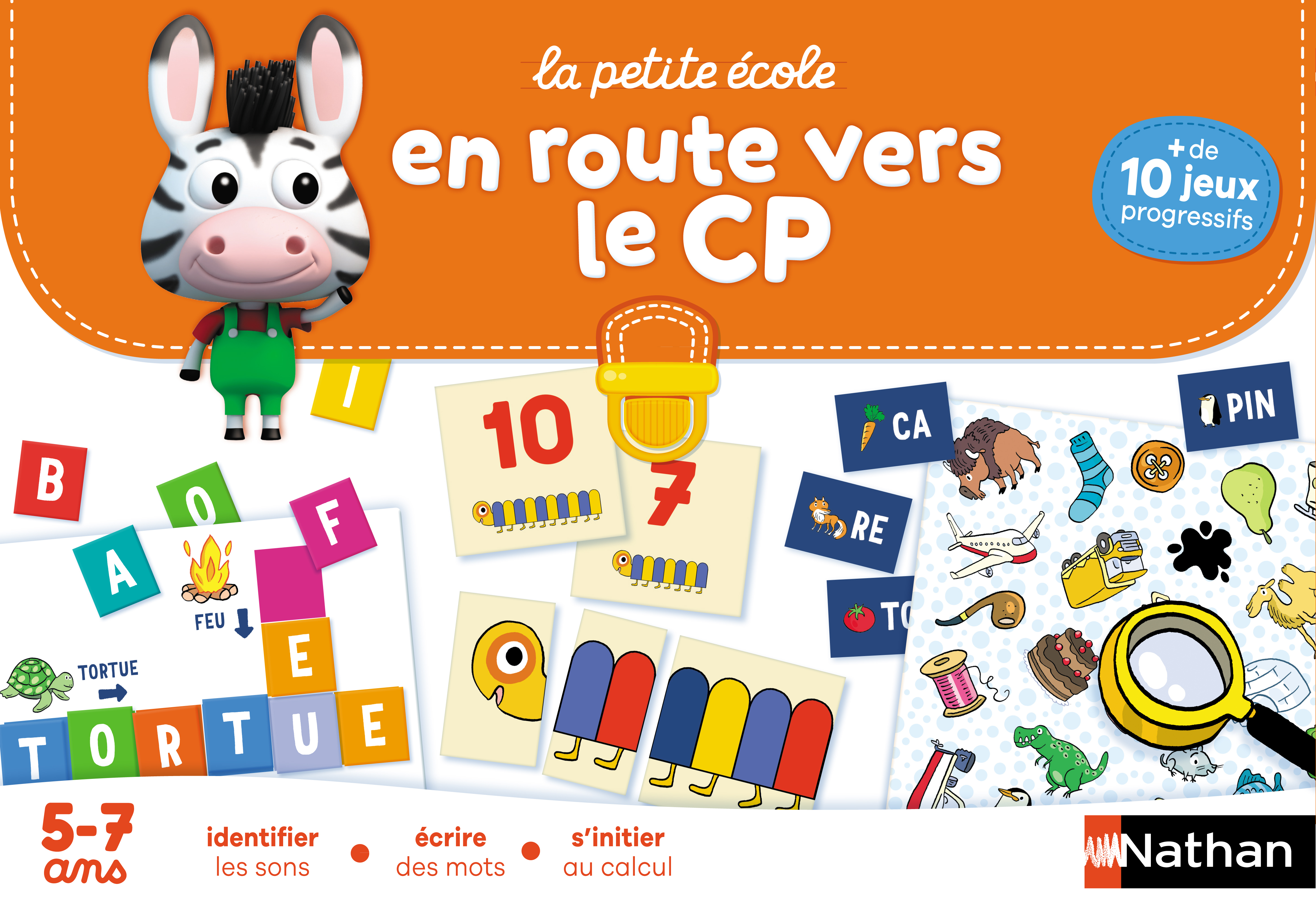 Scatola di gioco educativo con un personaggio zebra, numeri e lettere per bambini.
