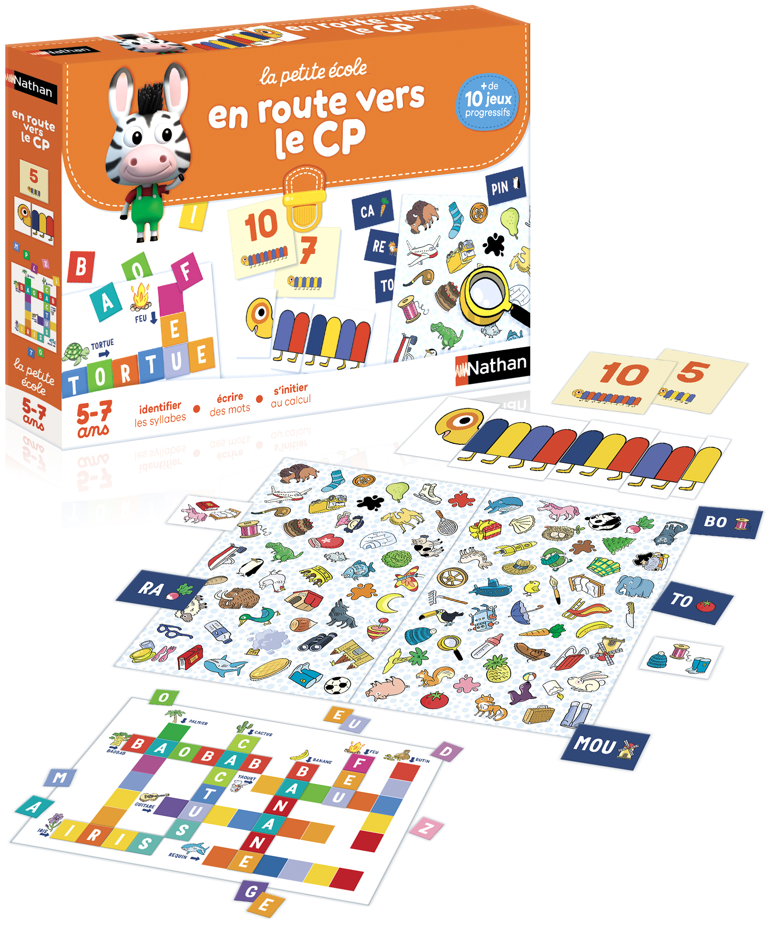 Puzzle educativo con una zebra, lettere, numeri e schede illustrate.