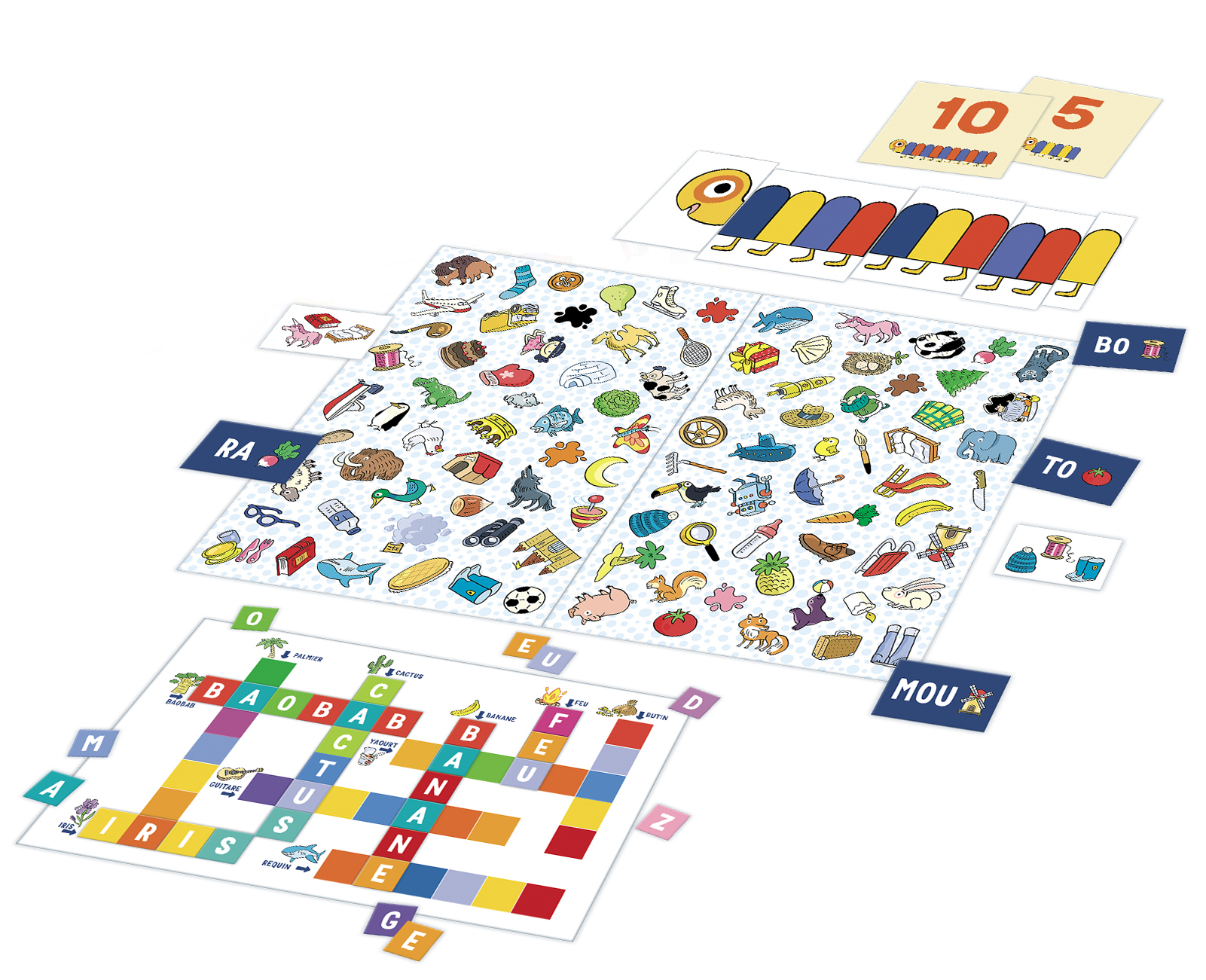 Elementi di puzzle educativi tra cui lettere, numeri e carte illustrate.