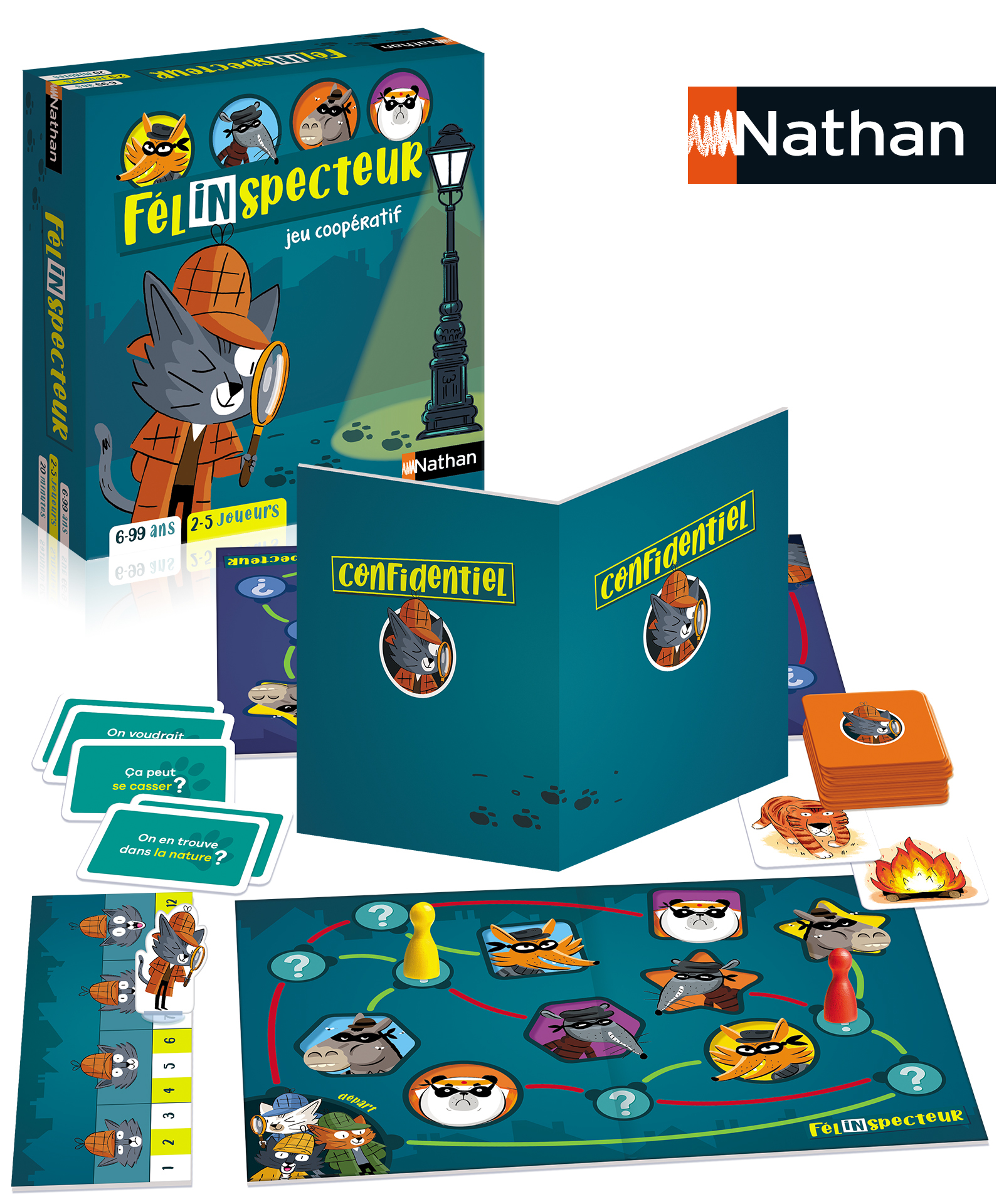 Ein Detektiv-Brettspiel. Eine Katzendetektiv, Spielkarten, ein Spielbrett und andere Komponenten.