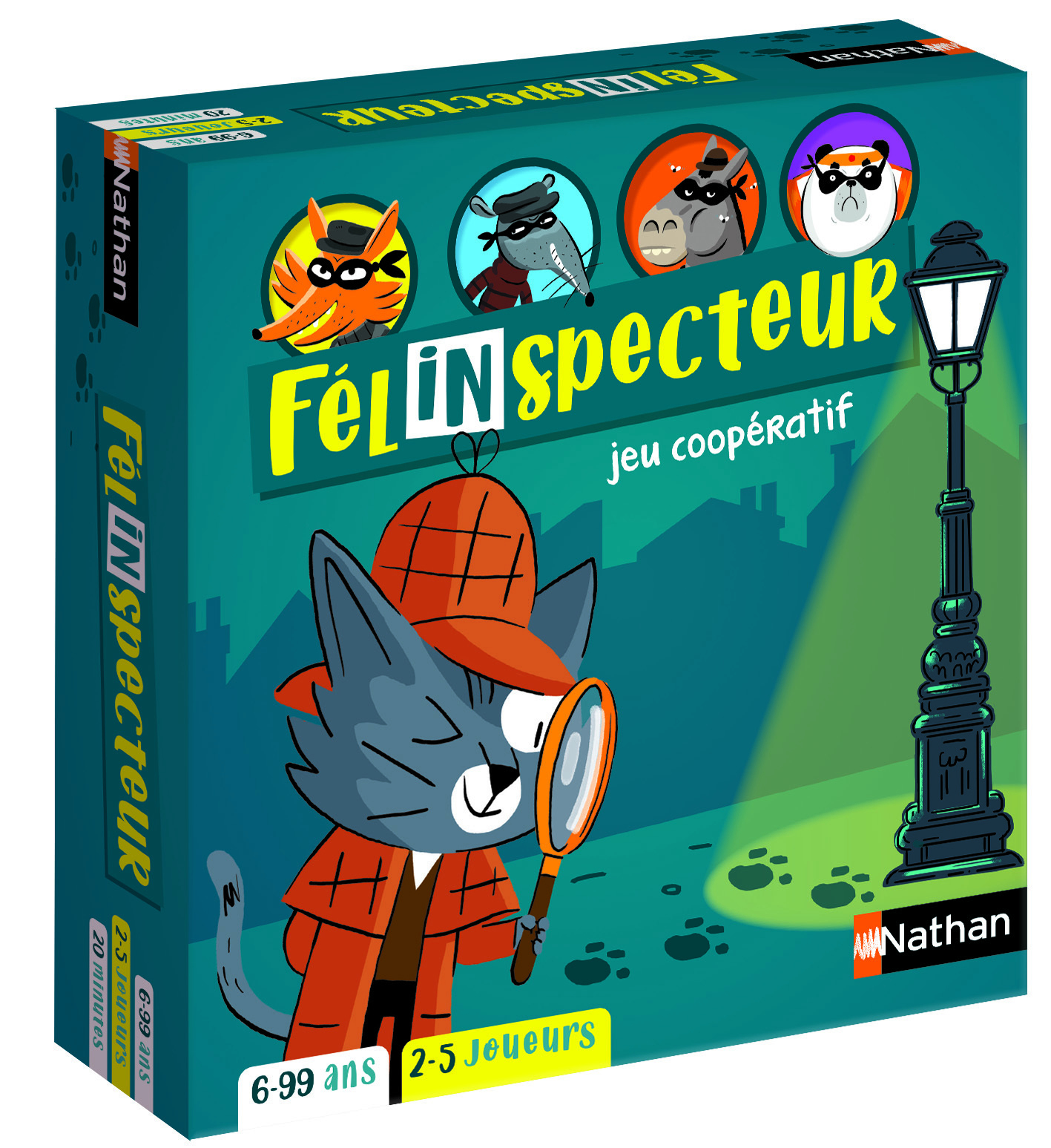 Eine Brettspielbox mit dem Titel 'Félin Inspecteur'. Es zeigt eine Zeichentrickkatze mit einer Lupe.