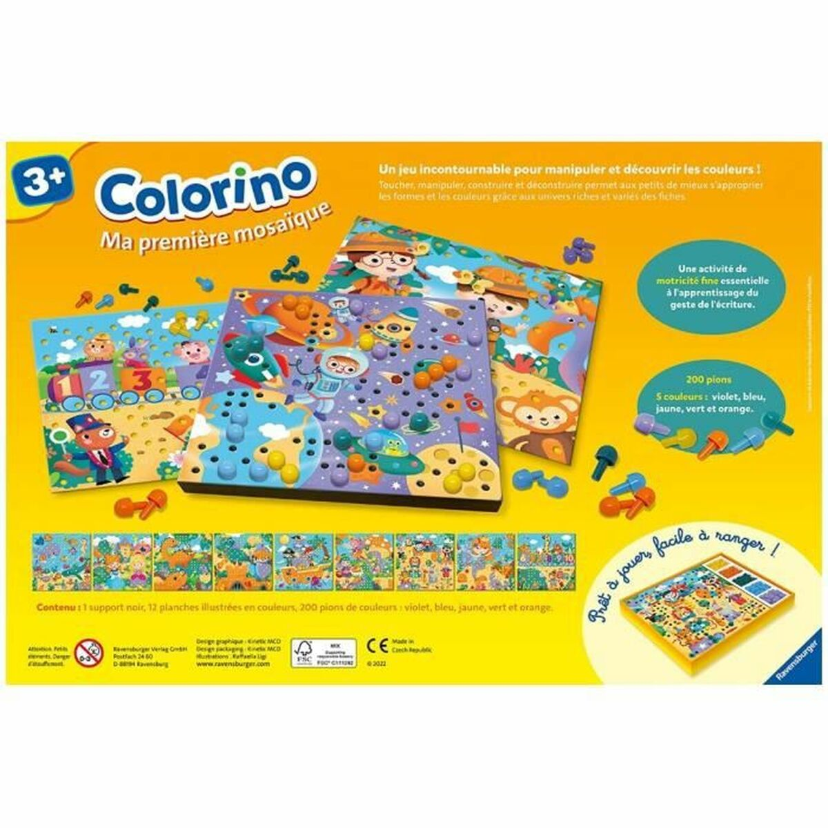 Scatola: gioco Colorino. Include tabelloni, pioli e istruzioni. Disegni a mosaico colorati per bambini.