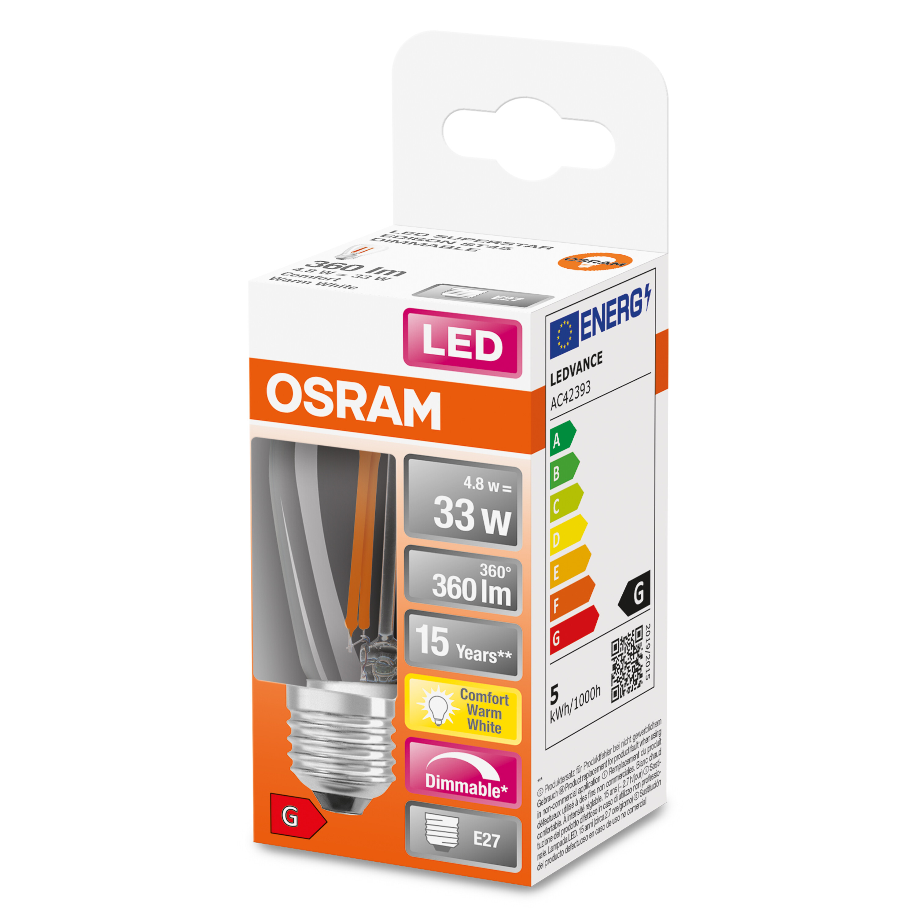 Eine Box mit einer LED-Glühbirne. Zeigt Energieeffizienzinformationen, einschließlich einer Skala von A bis G.