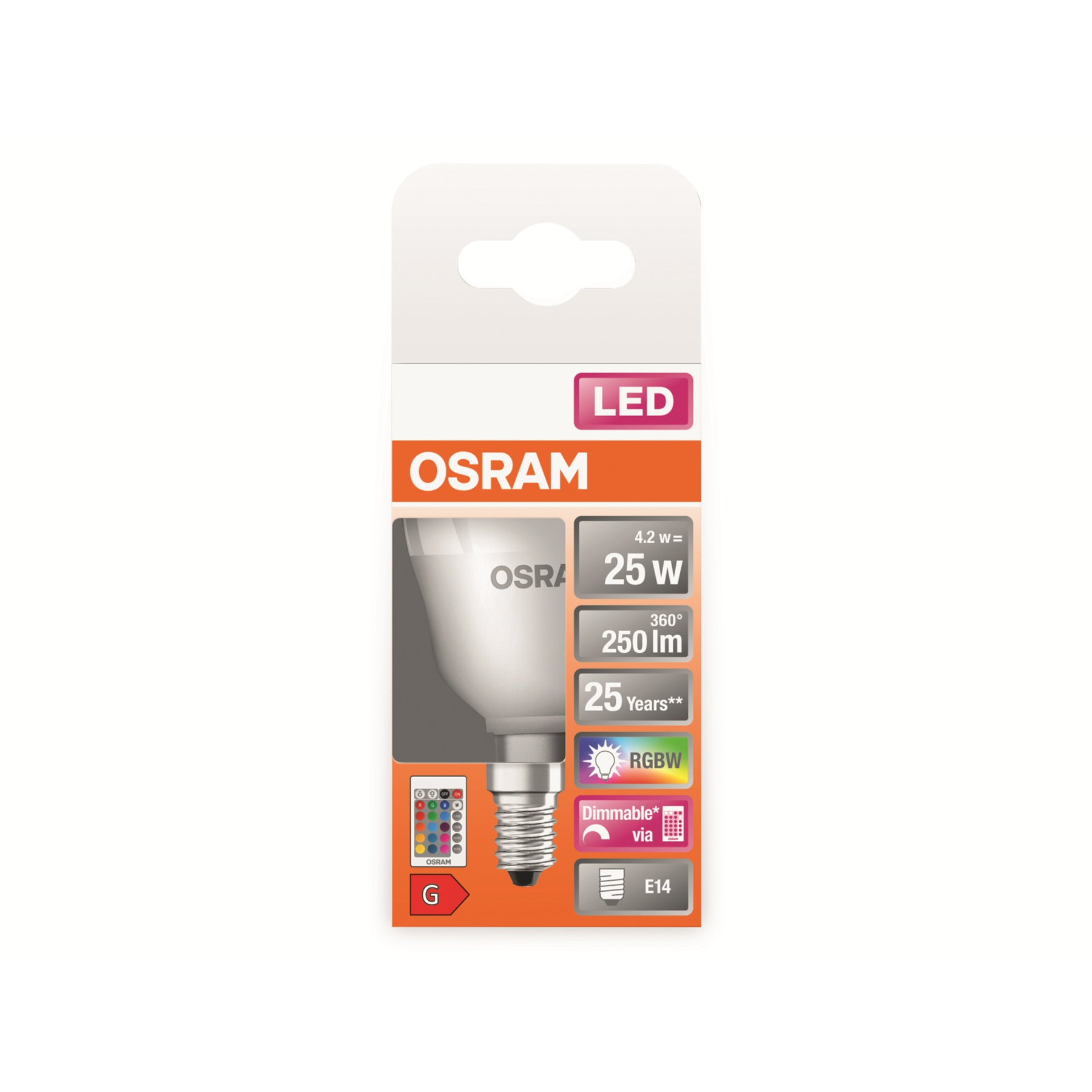 Lampadina LED Osram in confezione. Mostra la lampadina e le specifiche.