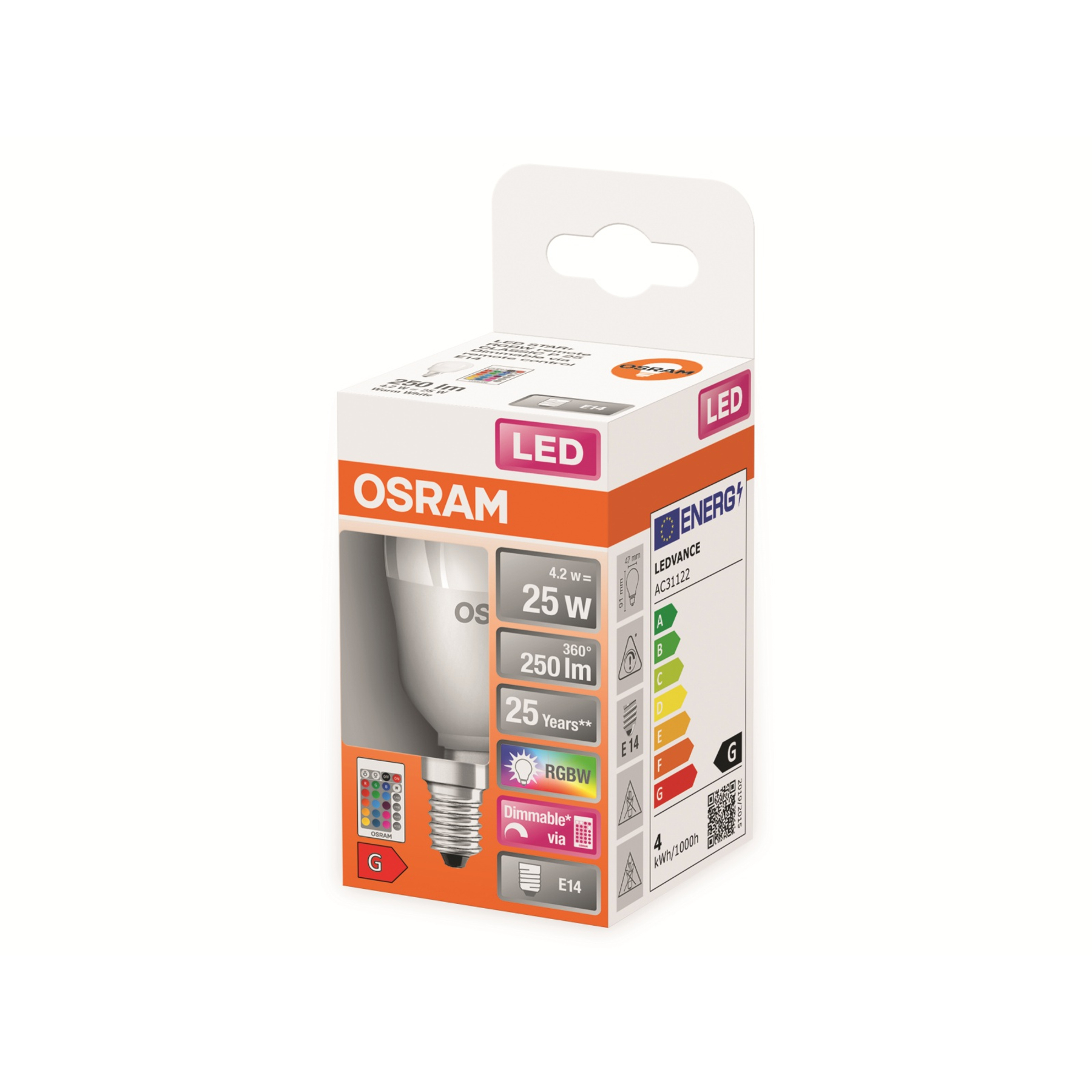 Una scatola di lampadine. È una lampadina LED del marchio Osram con informazioni sull'efficienza energetica e un simbolo dimmerabile.