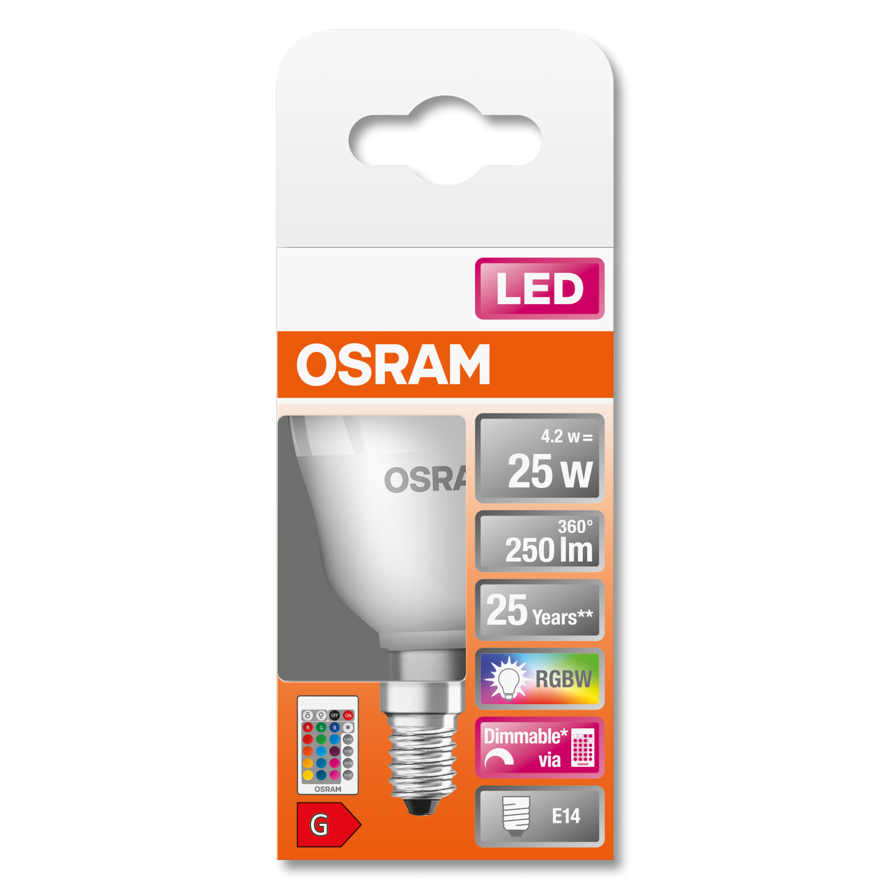 Confezione lampadina LED OSRAM, lampadina bianca con LED colorati, etichetta G.
