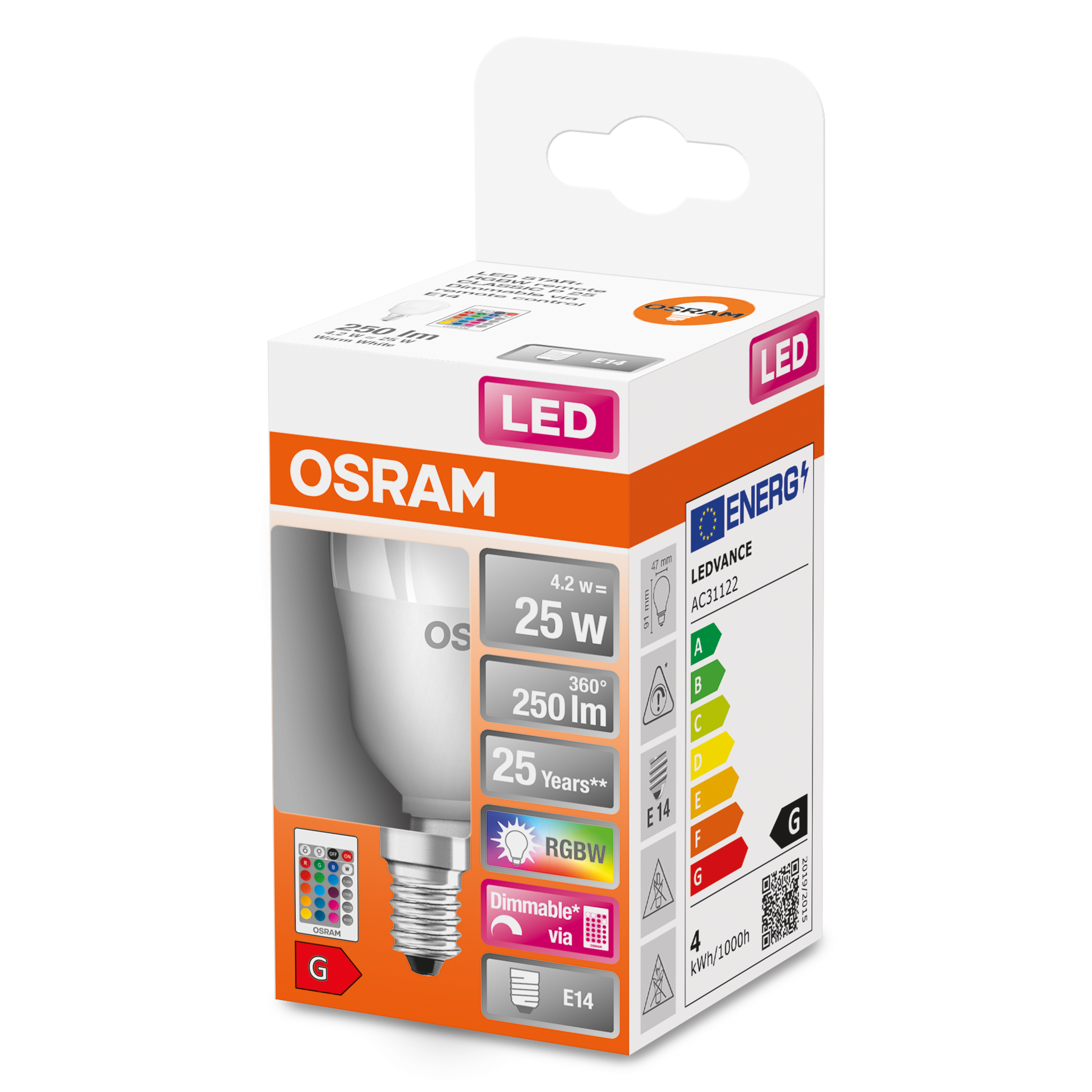 Confezione lampadina LED OSRAM, lampadina bianca, LED colorati ed etichetta G.