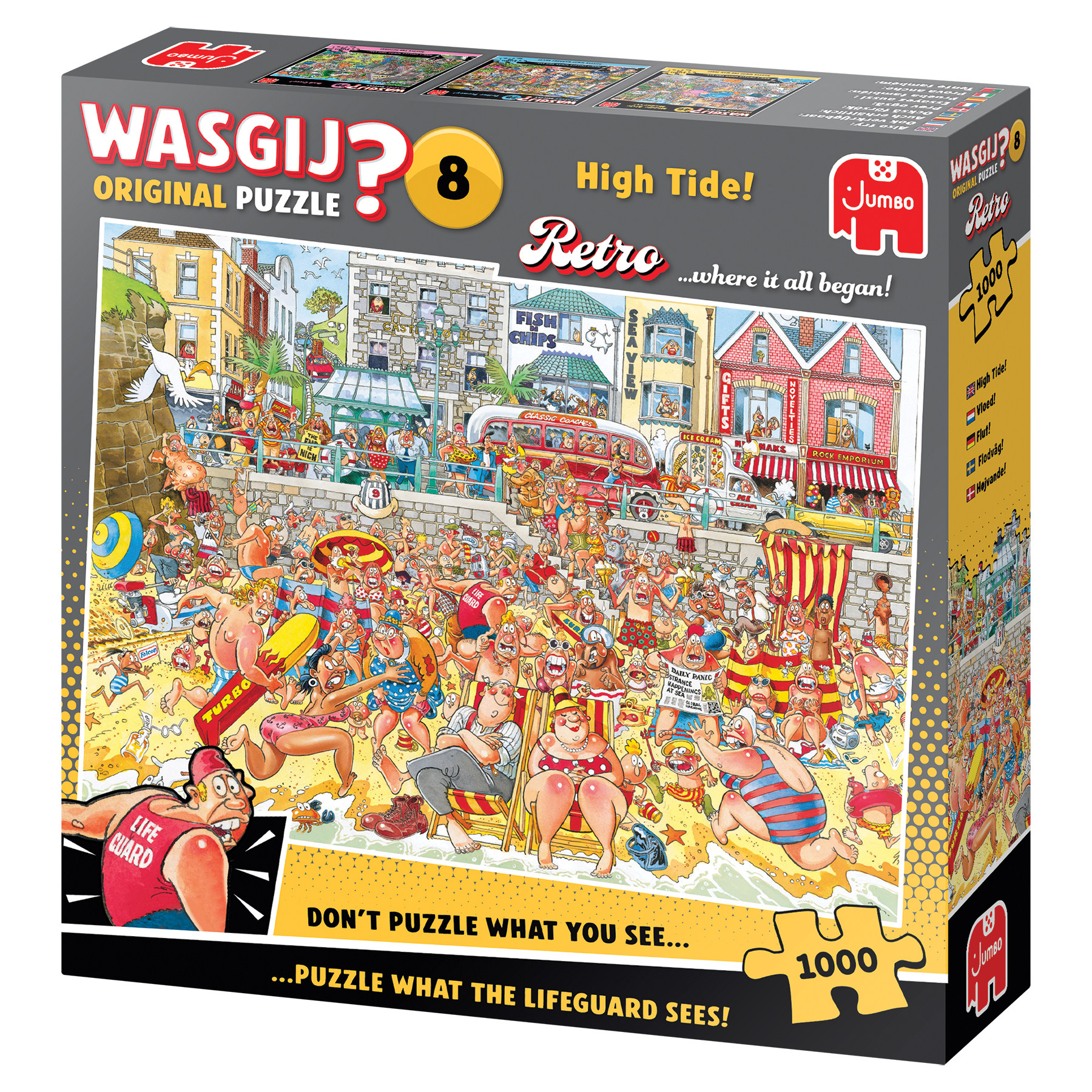 Een puzzeldoos met een drukke strandscène met veel mensen, winkels en een badmeester. Retro-stijl.