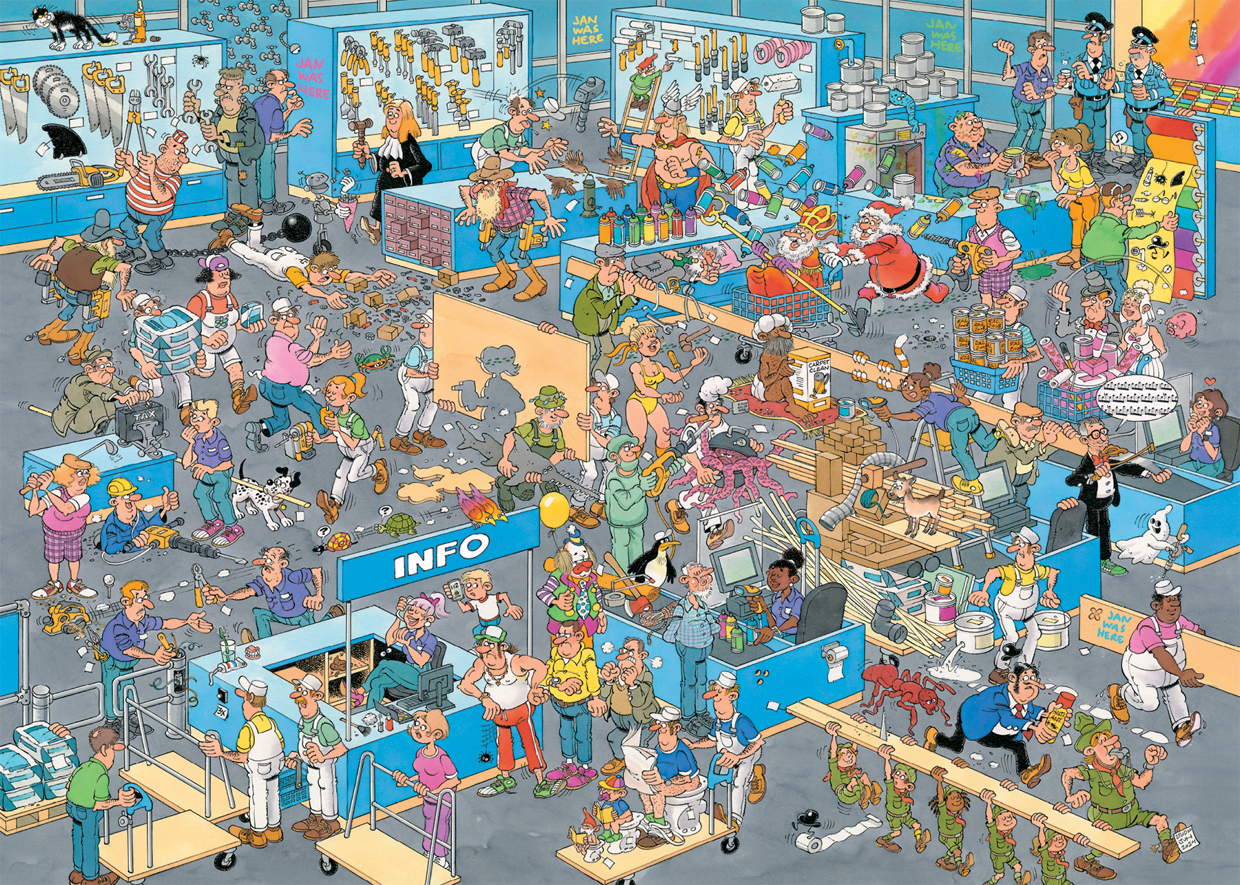 Scena z kreskówki. Tętniący życiem sklep z narzędziami z wieloma ludźmi i narzędziami. Widoczny Święty Mikołaj i dalmatyńczyk.