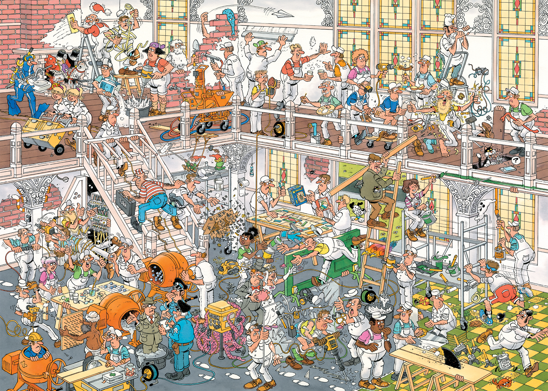 Duża grupa postaci z kreskówek pracujących w warsztacie, z wieloma narzędziami i maszynami.