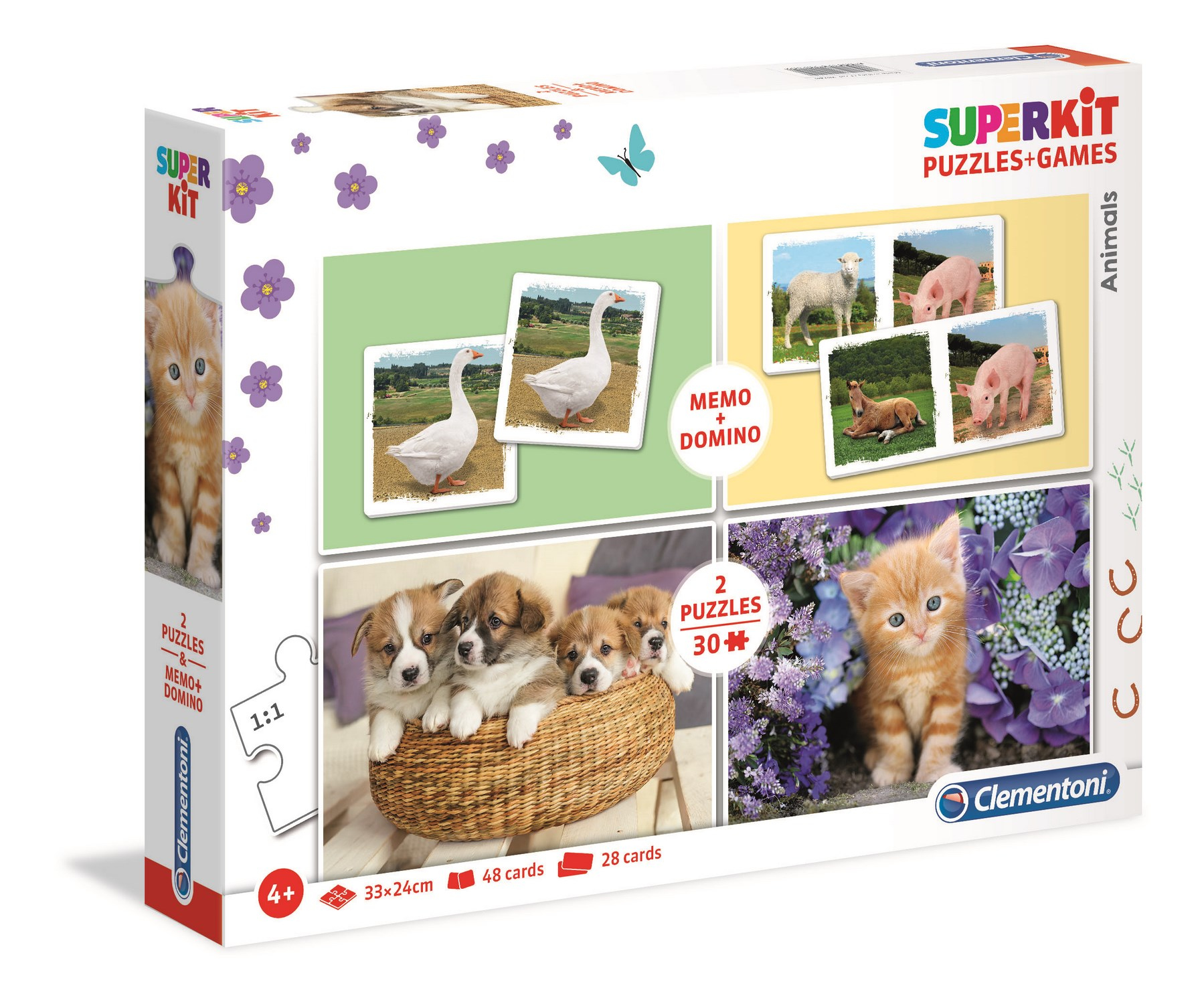 Pudełko z puzzlami ze zwierzętami. Kotek, gęś, szczenięta. Puzzle i gry. Marka Superkit. Białe tło.