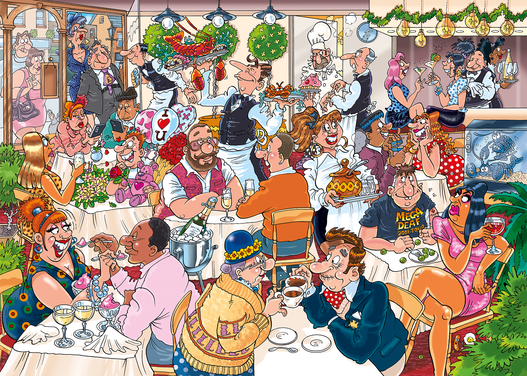 Obrazek z puzzli przedstawiający wnętrze restauracji. Dużo ludzi, kelnerzy. Jedzenie na stołach. Światła. Kolorowa scena.