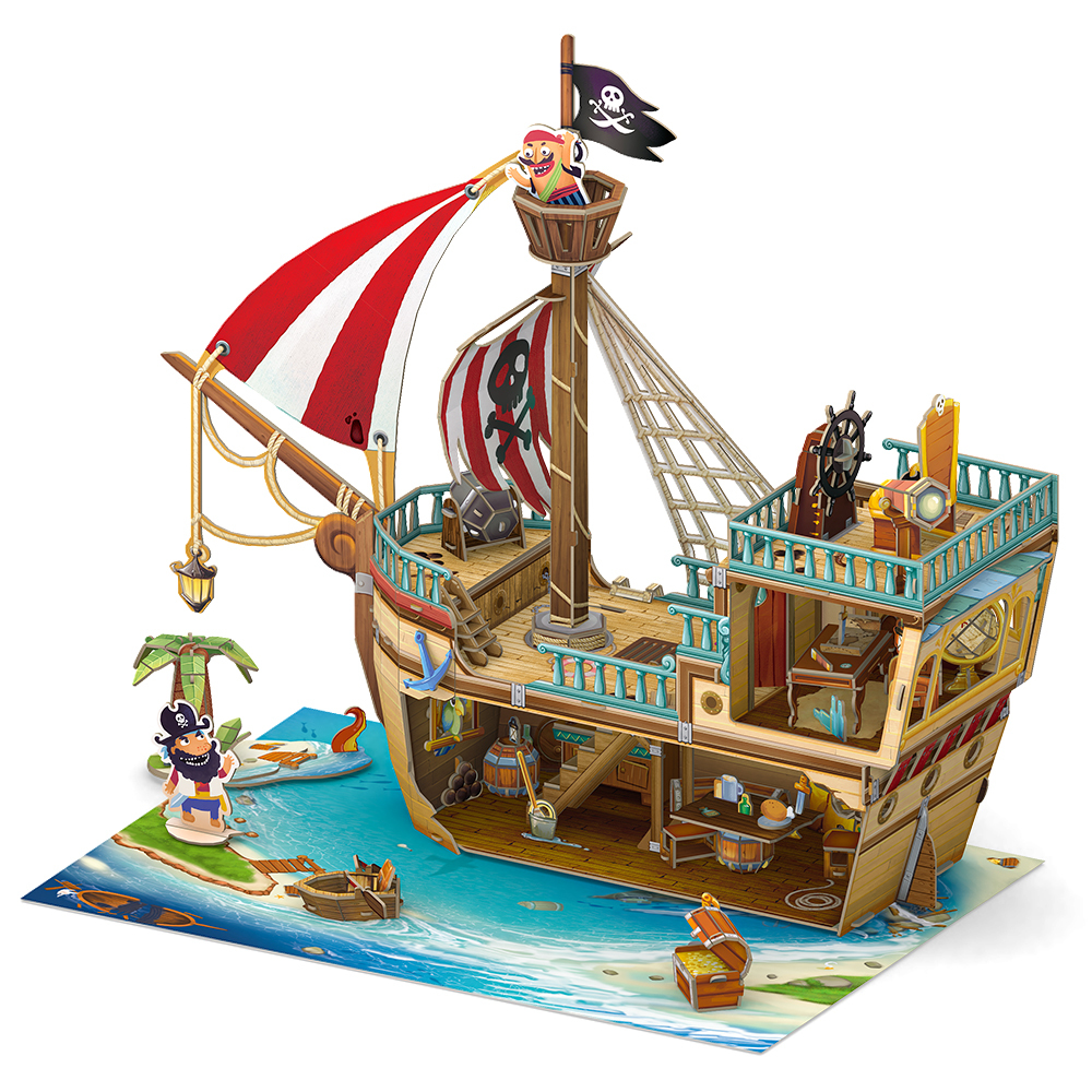 Un detallado rompecabezas de barco pirata con figuras, un pirata y un cofre del tesoro.
