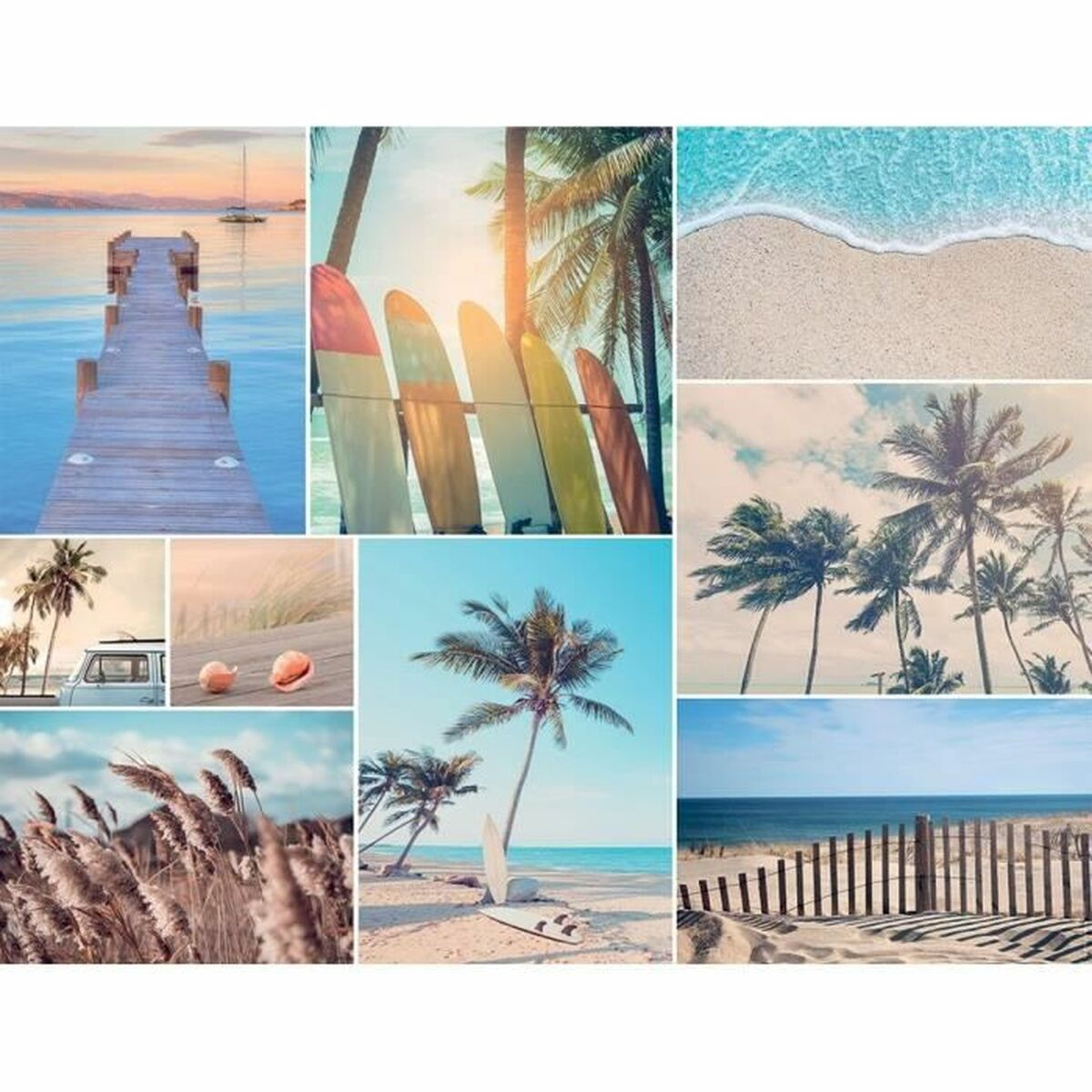 Kolaż scen plażowych: molo, deski surfingowe, fale, palmy, muszle i płot.