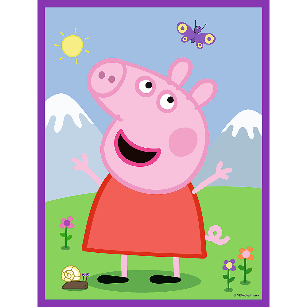 Une image de Peppa Pig. Peppa sourit et agite les bras. Il y a des fleurs, un escargot et un papillon.