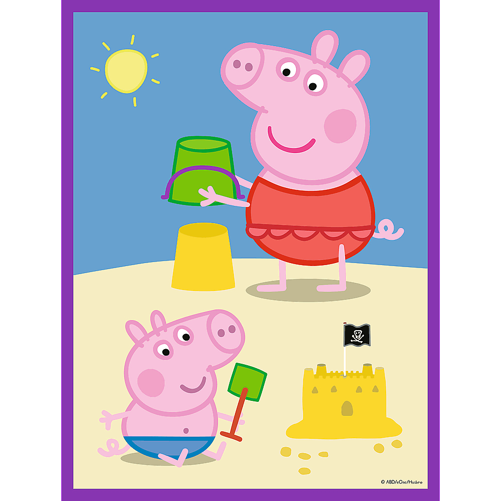 Dessin animé Peppa Pig sur la plage. Peppa et un petit cochon font un château de sable près de la mer. Ciel ensoleillé.