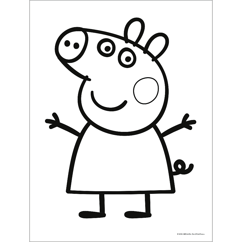 Un contour noir et blanc de Peppa Pig. Elle sourit et regarde en avant.