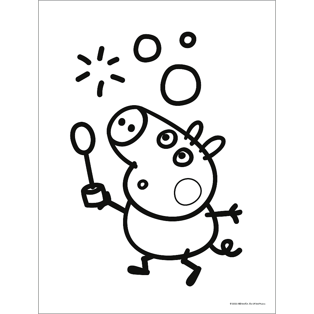 Un dessin animé en noir et blanc d'un cochon soufflant des bulles avec une baguette. Des bulles et des formes d'étoiles flottent au-dessus.