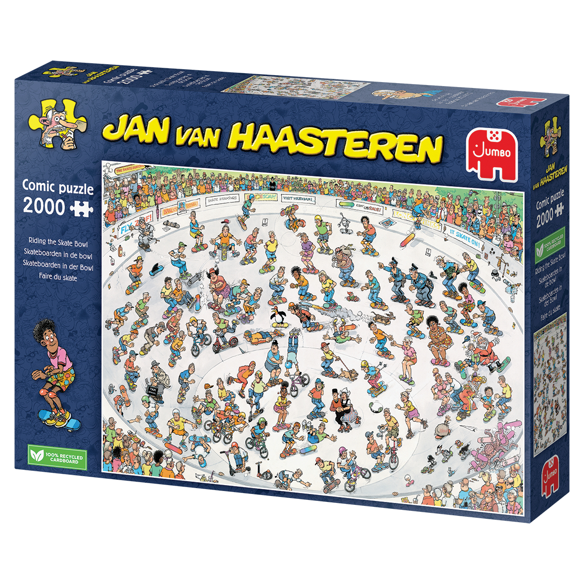 Een puzzeldoos met een cartoonafbeelding van skaters in een bowl.