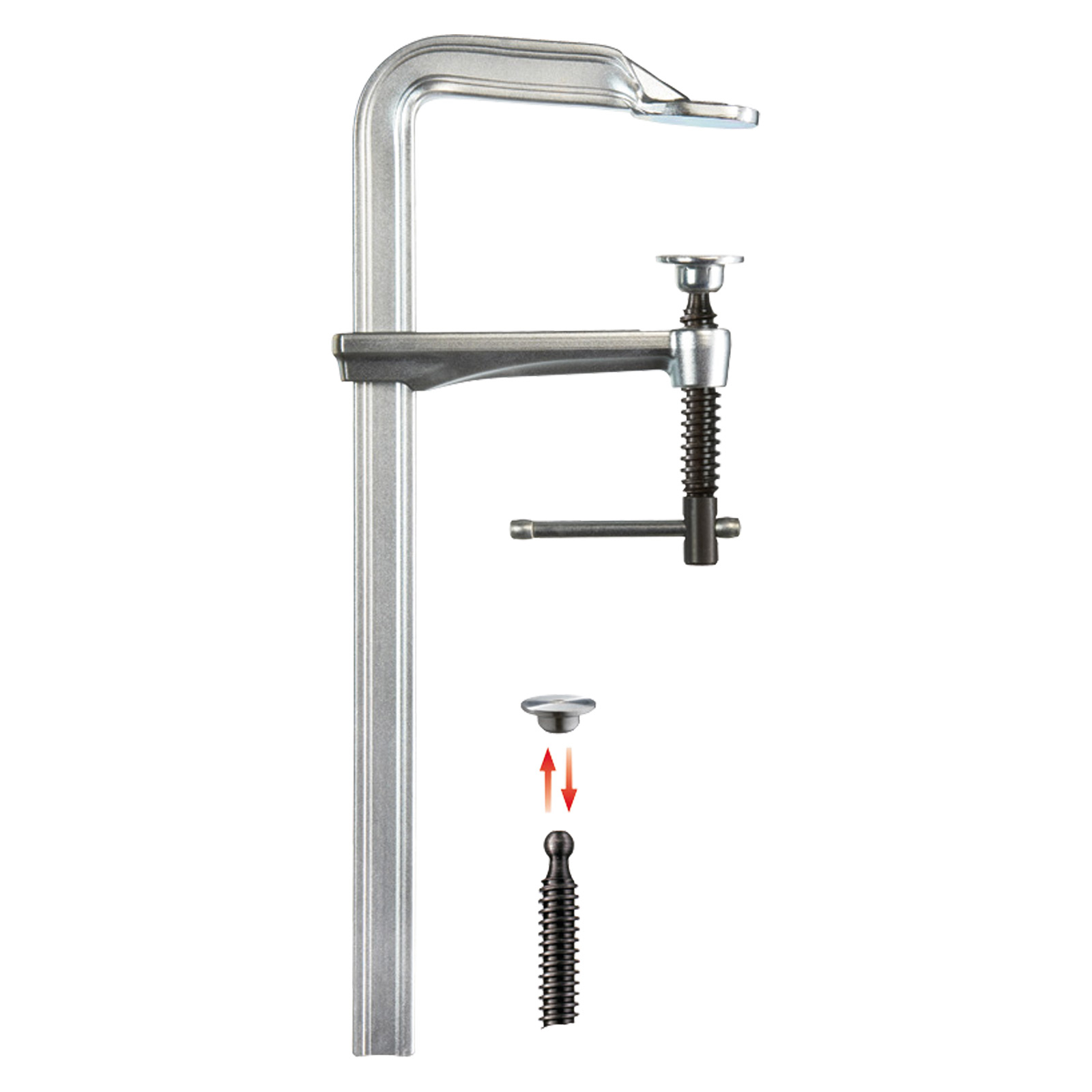 Srebrny i czarny zacisk F, zdemontowany, ze śrubą i czarnym uchwytem odłączonym.