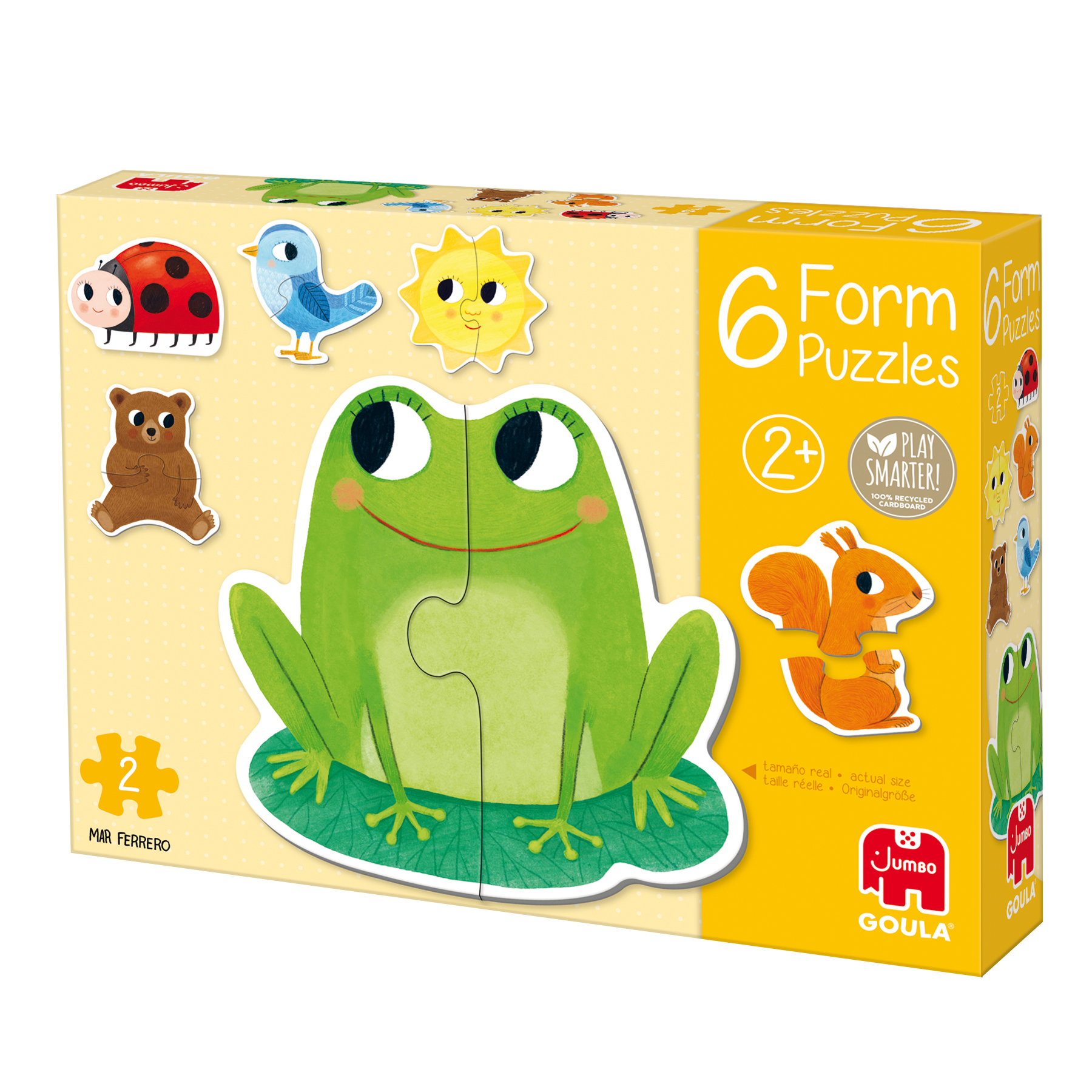 Puzzle w pudełku z sześcioma kształtami zwierząt: biedronka, niedźwiedź, ptak, słońce, żaba i wiewiórka. Żaba jest na środku.