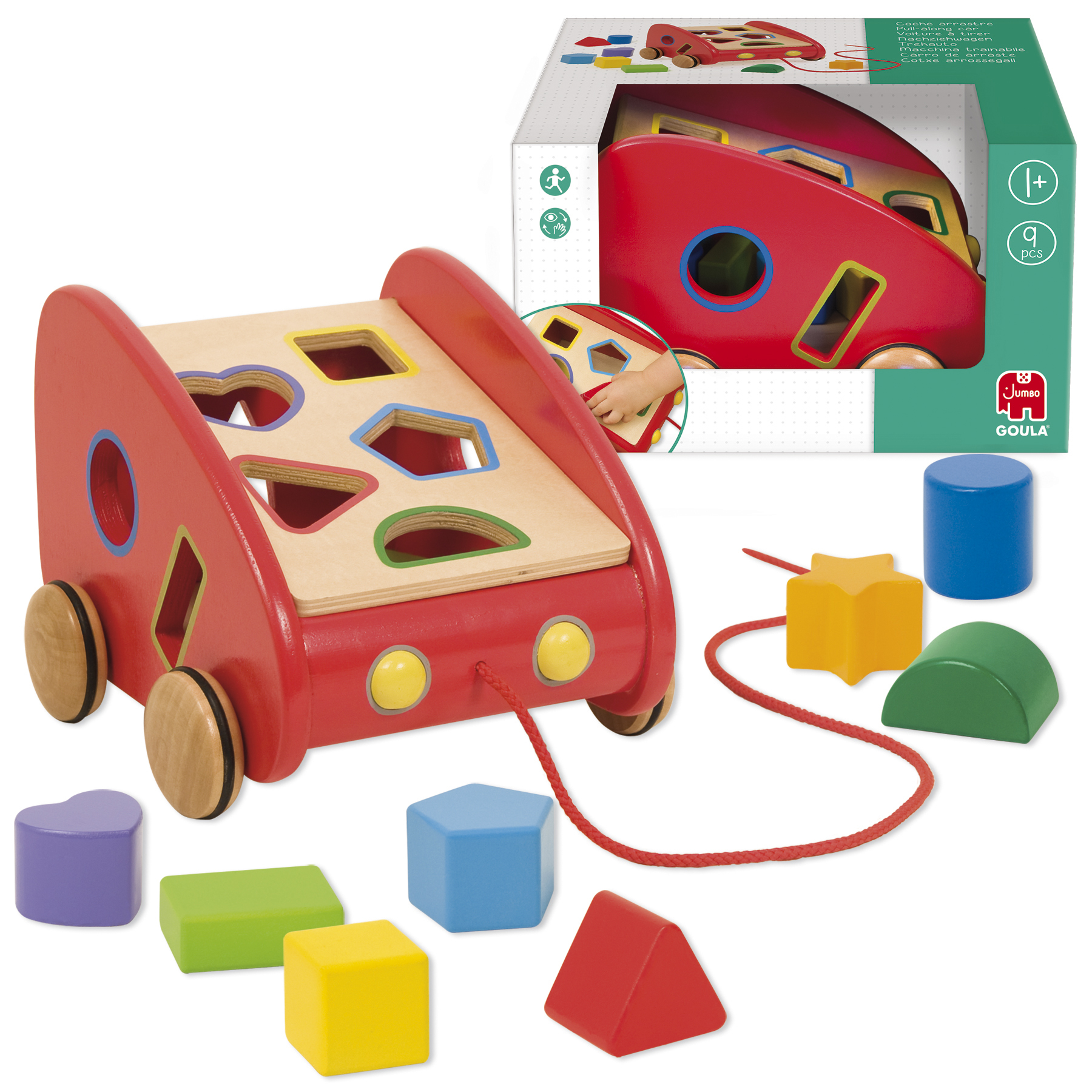 Coche de arrastre de madera roja con clasificador de formas y bloques geométricos de colores y una caja.